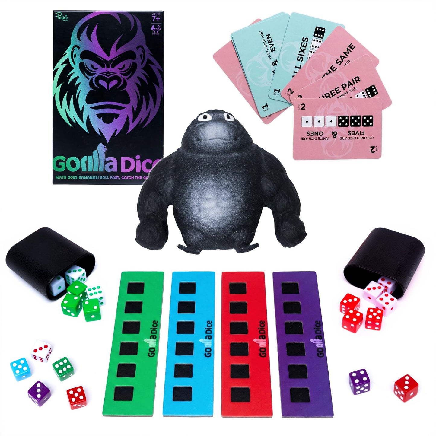 Point Games Gorilla Dice Game - Fast-Paced Family Math Board Game - Includes 24 Dice, 4 Trays, 80 Cards & Jumbo Gorilla - Fun Educational Learning Toy