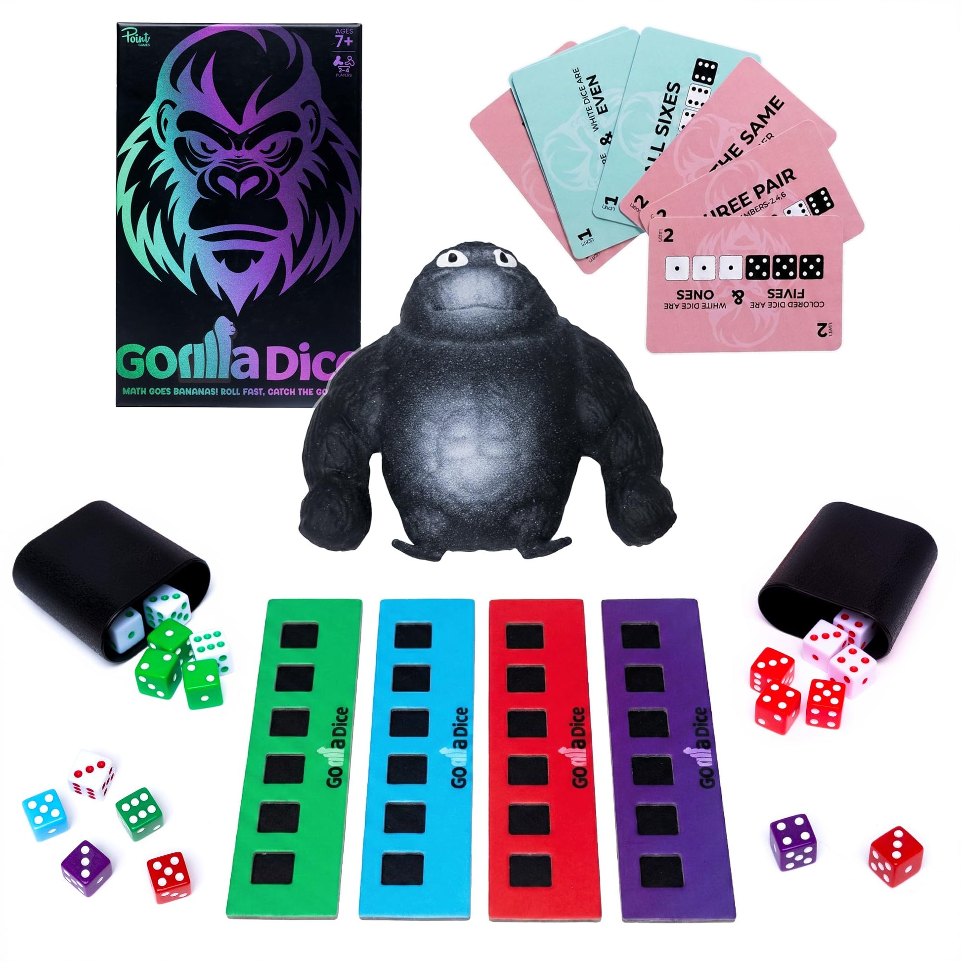 Point Games Gorilla Dice Game - Fast-Paced Family Math Board Game - Includes 24 Dice, 4 Trays, 80 Cards & Jumbo Gorilla - Fun Educational Learning Toy