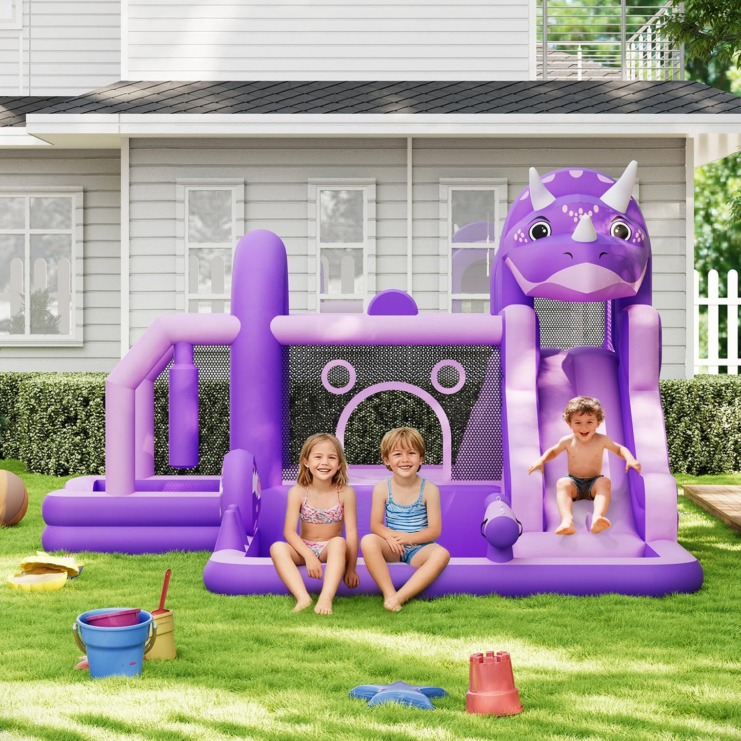 Bounce House, Inflatable Dinosaur Bouncer with Slide and Air Blower, Oxford Cloth Jumping Castle for Kids, Durable Sewn Bouncy House with Large Play