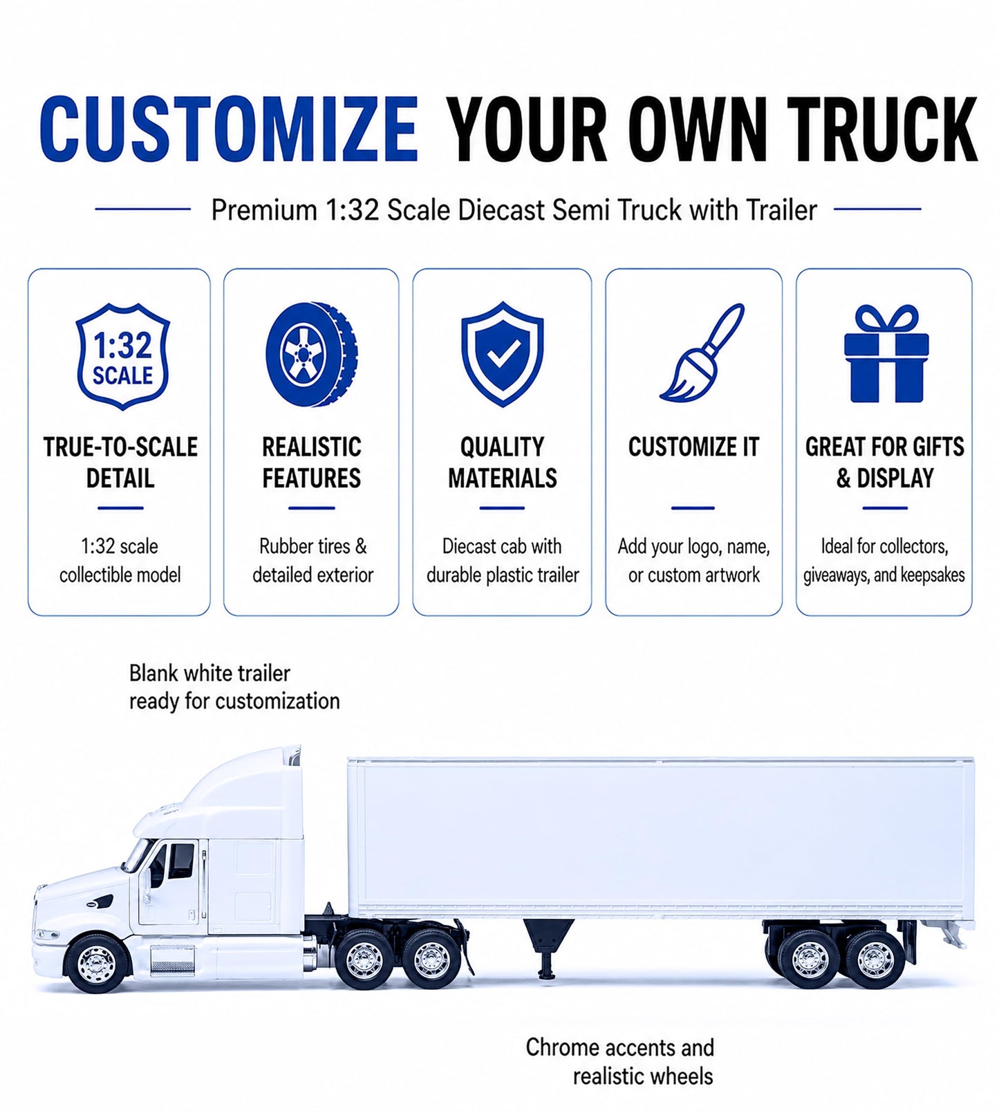 NewRay Customize Semi Truck Toy 1:32 Scale - Personalized Replica Peterbilt Diecast Truck with Trailer, Long Hauler, Diecast Toy for Truck Lovers
