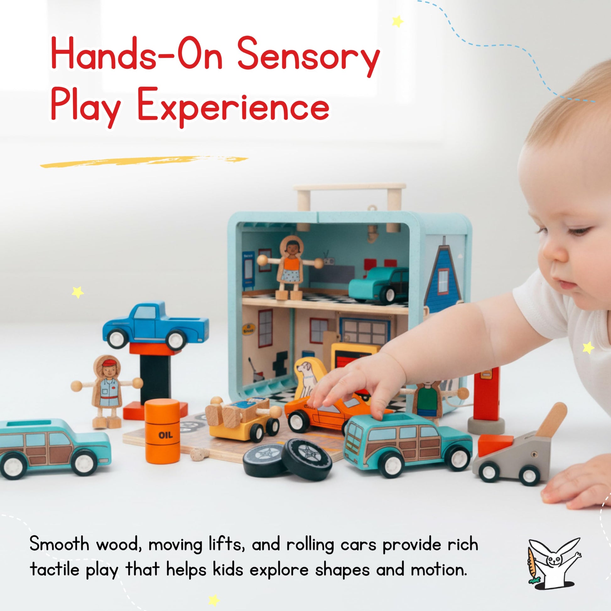 Jack Rabbit Creations Auto Garage Suitcase Playset, Portable Carry Case Style, Multicolor, 16 Eco-Friendly Wooden Figures, Mechanics, Cars & Car