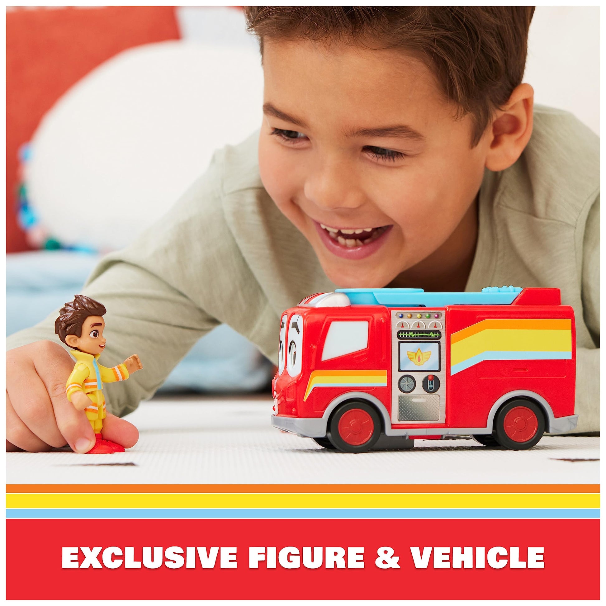DC Comics Disney Junior Firebuds, Bo and Flash, Action Figure and Fire Engine Vehicle with Interactive Eye Movement, Kids’ Toys for Boys and Girls