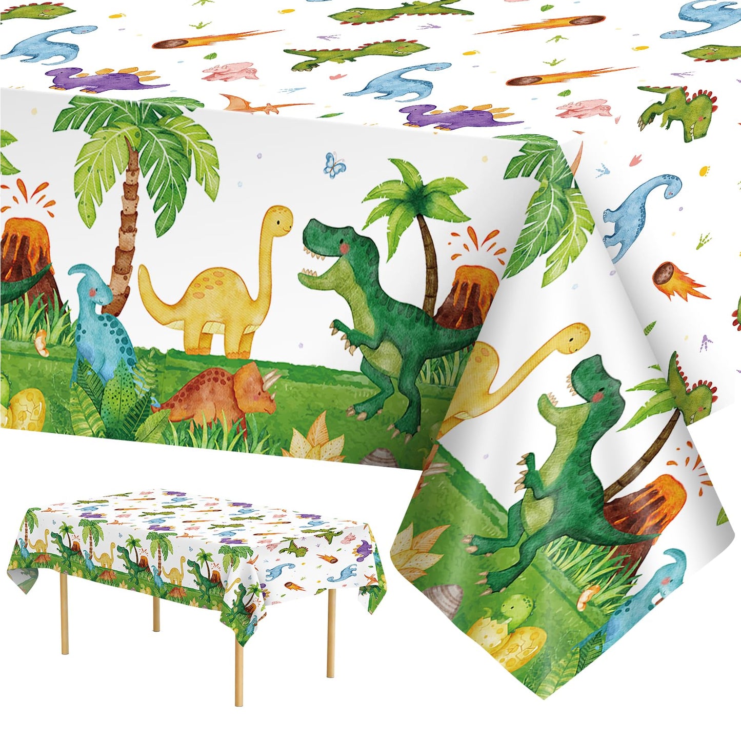 2 Pcs Dinosuar Tablecloth - Plastic Jungle Animal Dino Party Table Cover, Green Disposable Rectangle Dino Themed Table Cloth for Dinosaur Birthday