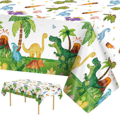 2 Pcs Dinosuar Tablecloth - Plastic Jungle Animal Dino Party Table Cover, Green Disposable Rectangle Dino Themed Table Cloth for Dinosaur Birthday