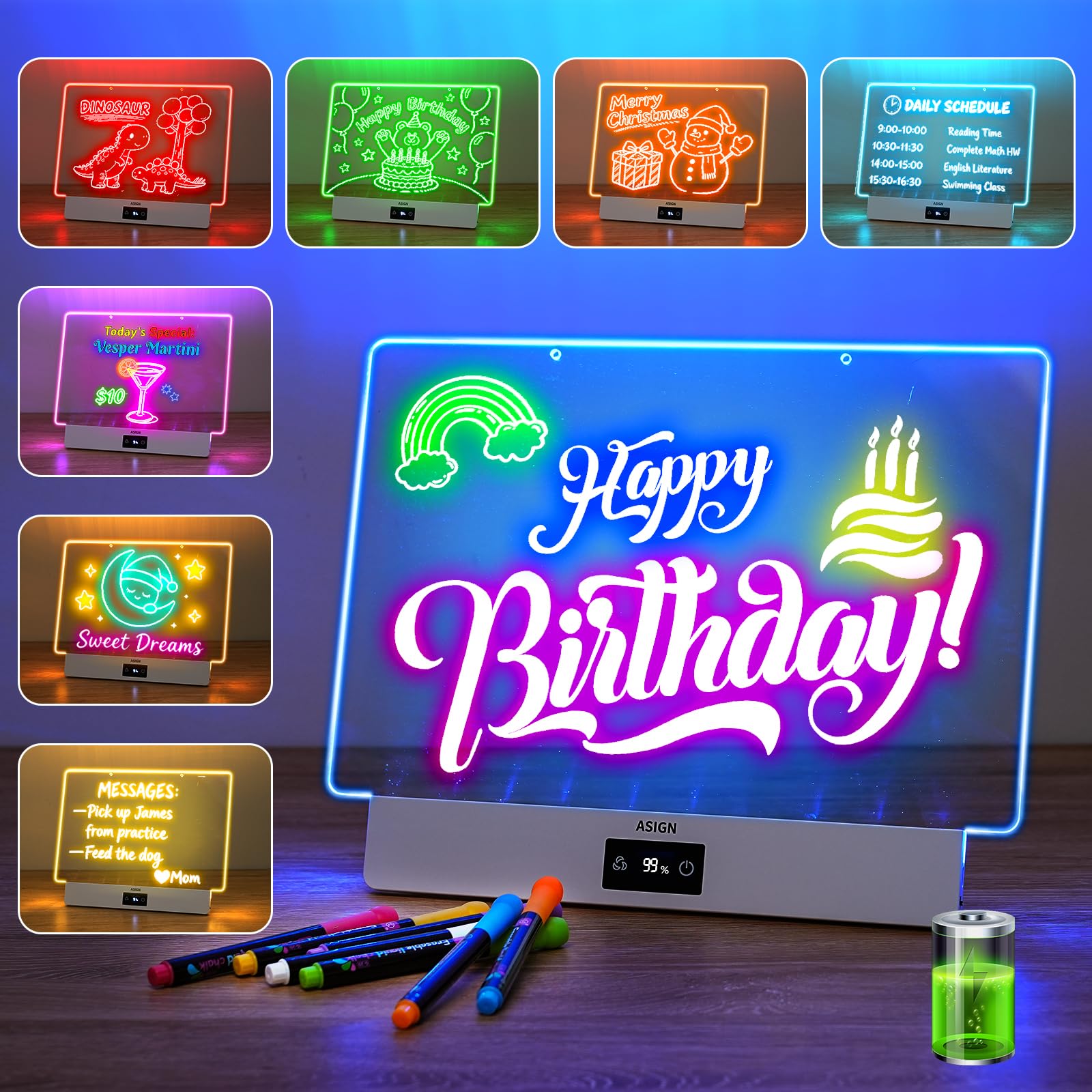 Rechargeable LED Drawing Board, 16.6 Inches Lumiboard, 8 Colors & 3 Modes, LED Note Board with Build in Stand, Includes 7 Markers & 1 Hanging Chain