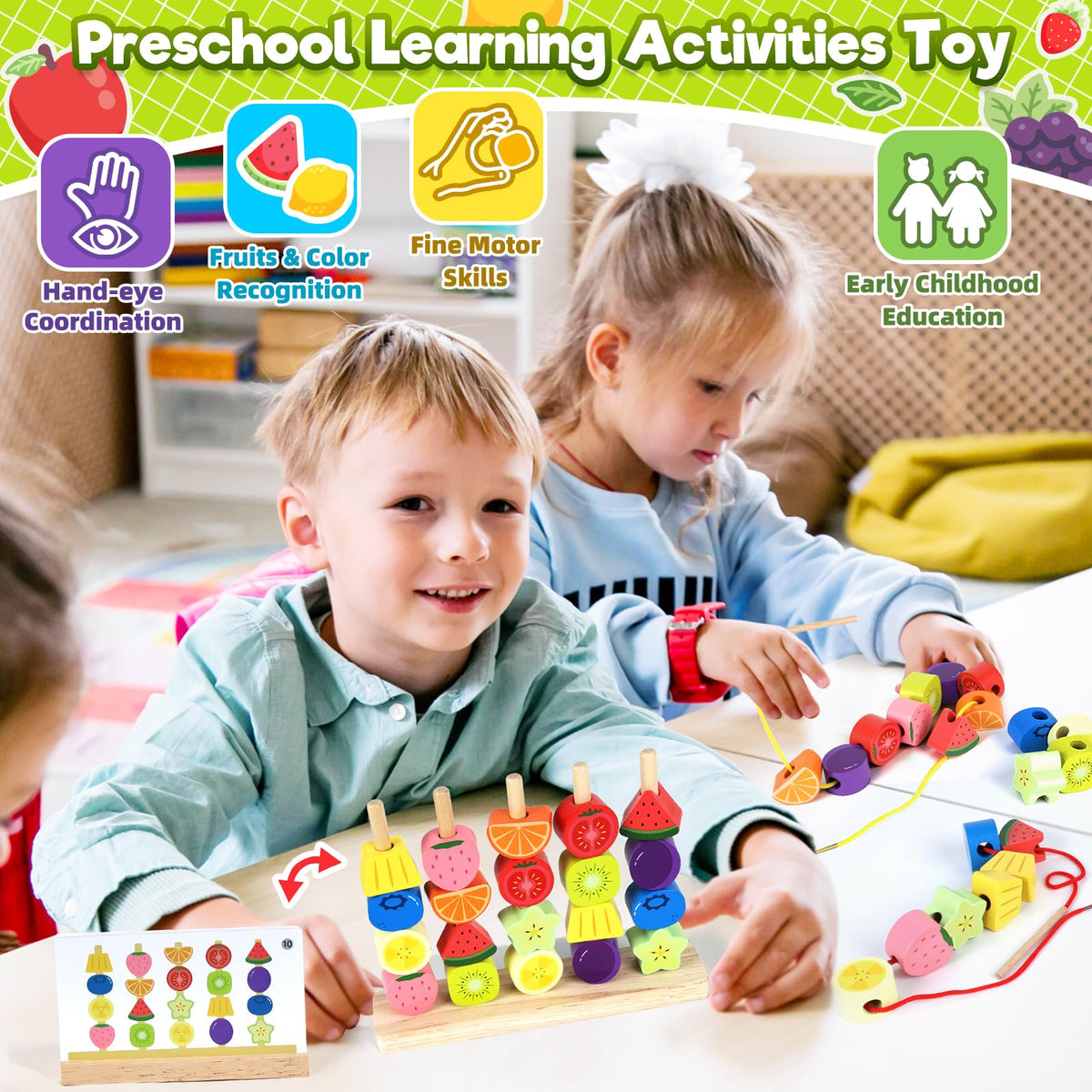 Montessori Wooden Beads Stacking Toys: 2 3 4 Year Old Boys Girls Birthday Gifts - Toddler Sequence Game & Sorting Blocks & Lacing & Matching Shape