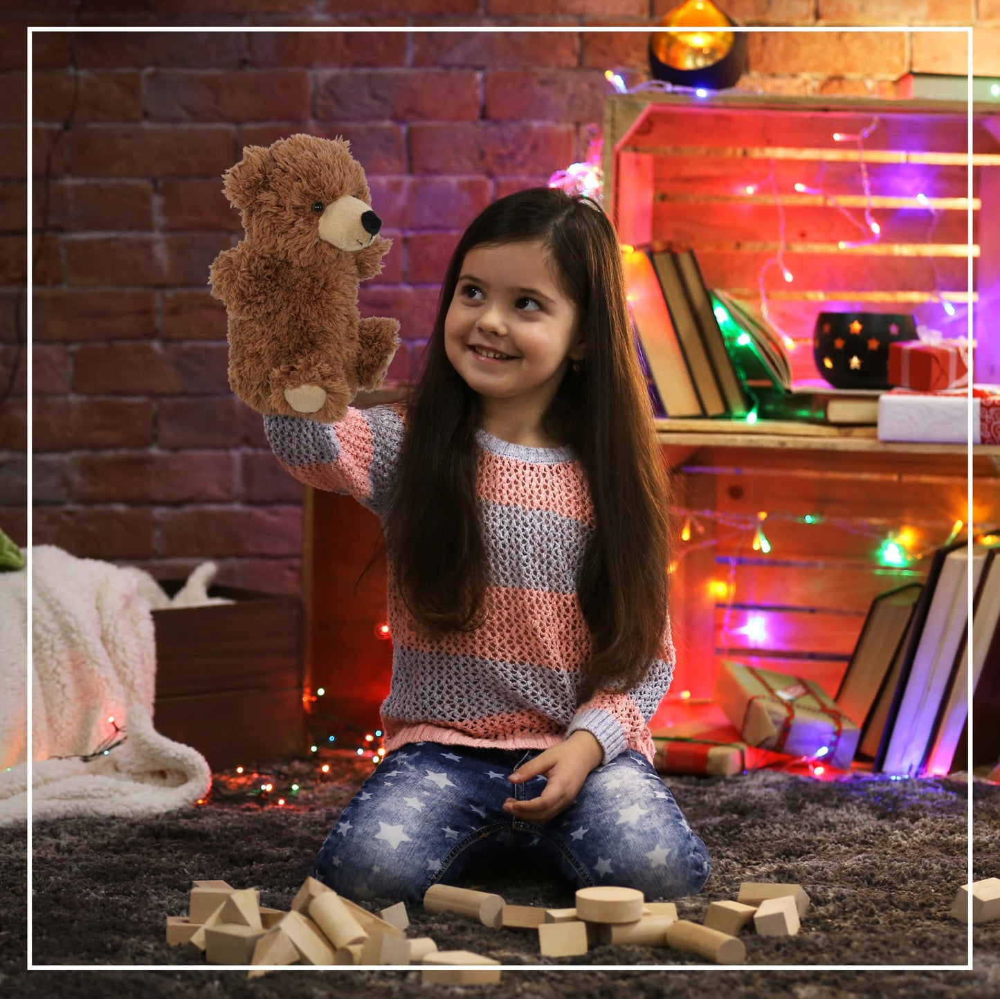 DolliBu Grizzly Bear Plush Hand Puppet - Super Soft Stuffed Animal Grizzly Bear Puppet Toy for Kids, Educational Cute Plush Puppets for Teaching
