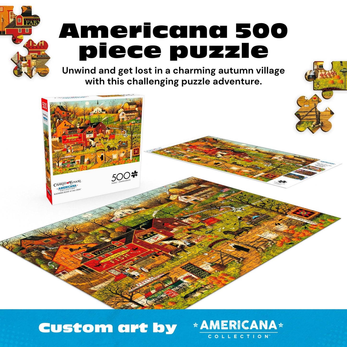 Buffalo Games - Blackbirds Roost at Mill Creek - Charles Wysocki - 500 Piece Autumn Jigsaw Puzzle for Adults - Fall Harvest Americana Scene - Cozy