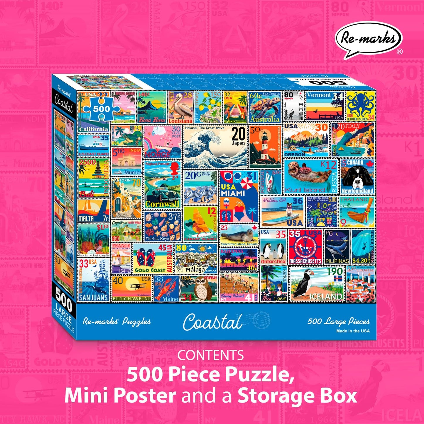 Re-marks Coastal Stamp Collage Puzzle, 500 Large Piece Jigsaw Puzzle for All Ages