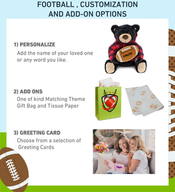 DolliBu Black Bear Stuffed Animal with Football Plush - Super Soft Huggable Bear with Red Plaid Hoodie, Plush Toy Wildlife Gift for Kids and Adults