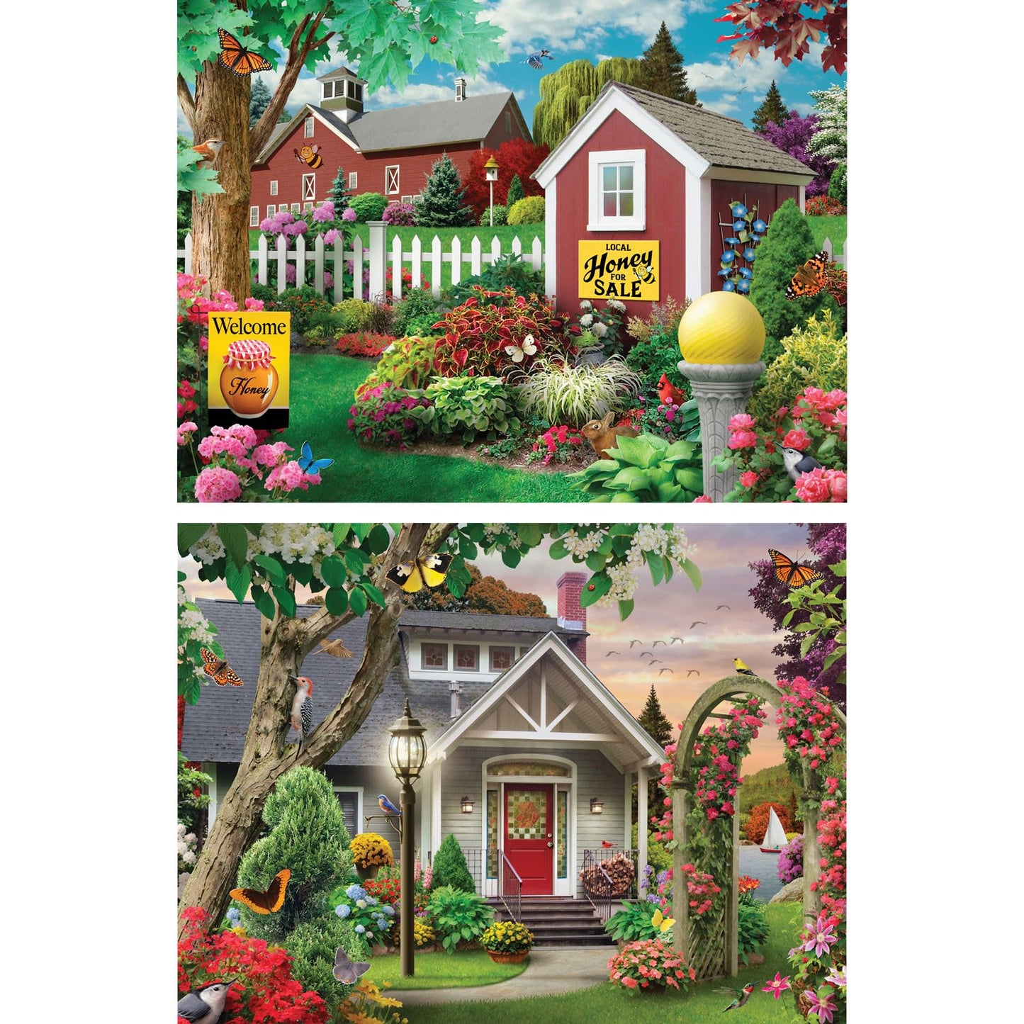 Bits and Pieces - Value Set of (2) 300 Piece Jigsaw Puzzles for Adults - Each Puzzle Measures 18" x 24" - 300 pc Colorful Bees Sunset Farmhouse