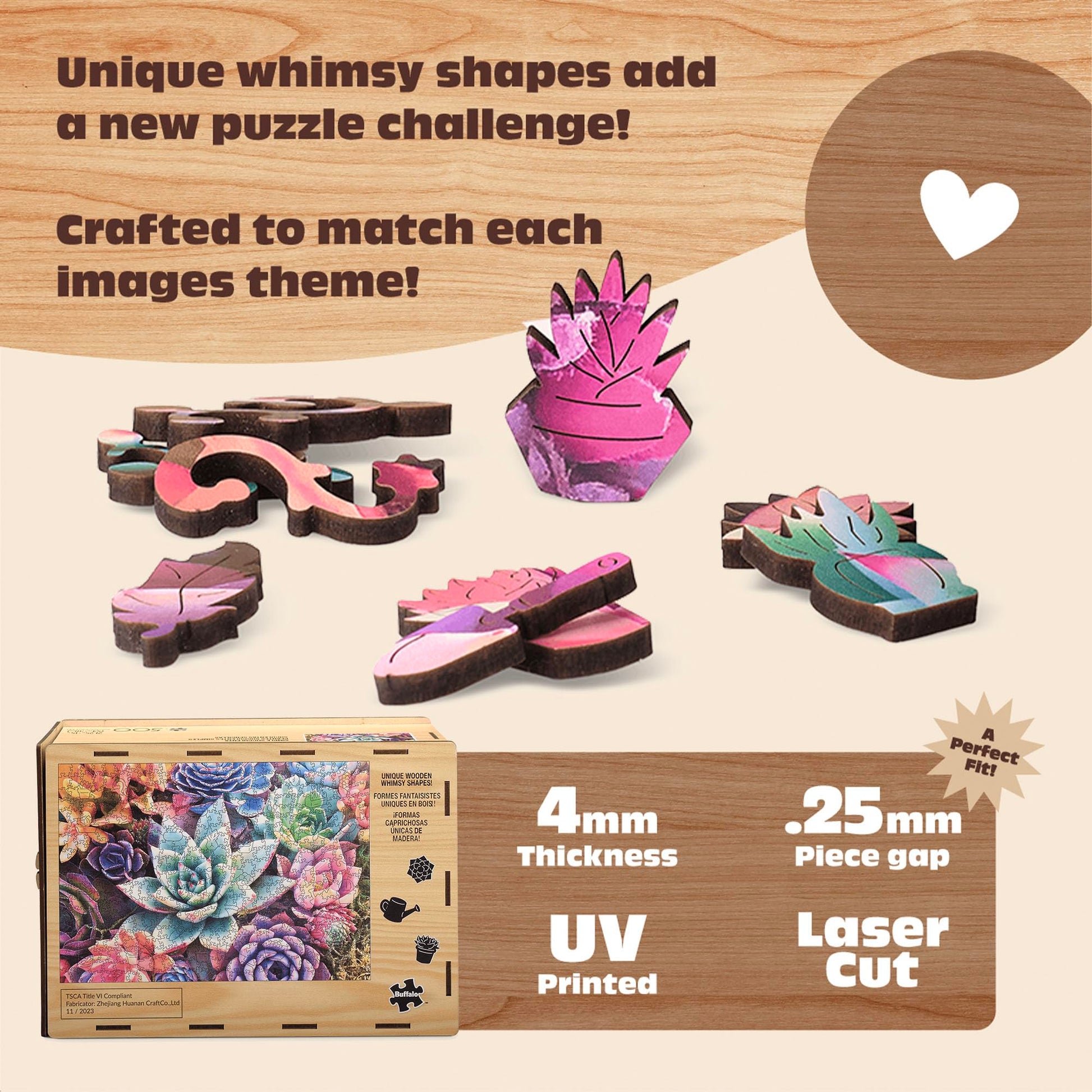 Buffalo Games - 500 Piece Wooden Jigsaw Puzzle Simple Succulents, Whimsy Cut Pieces, 26.75 x 19.75, Poster, Cloth Bag, Wooden Box, Adults 14+