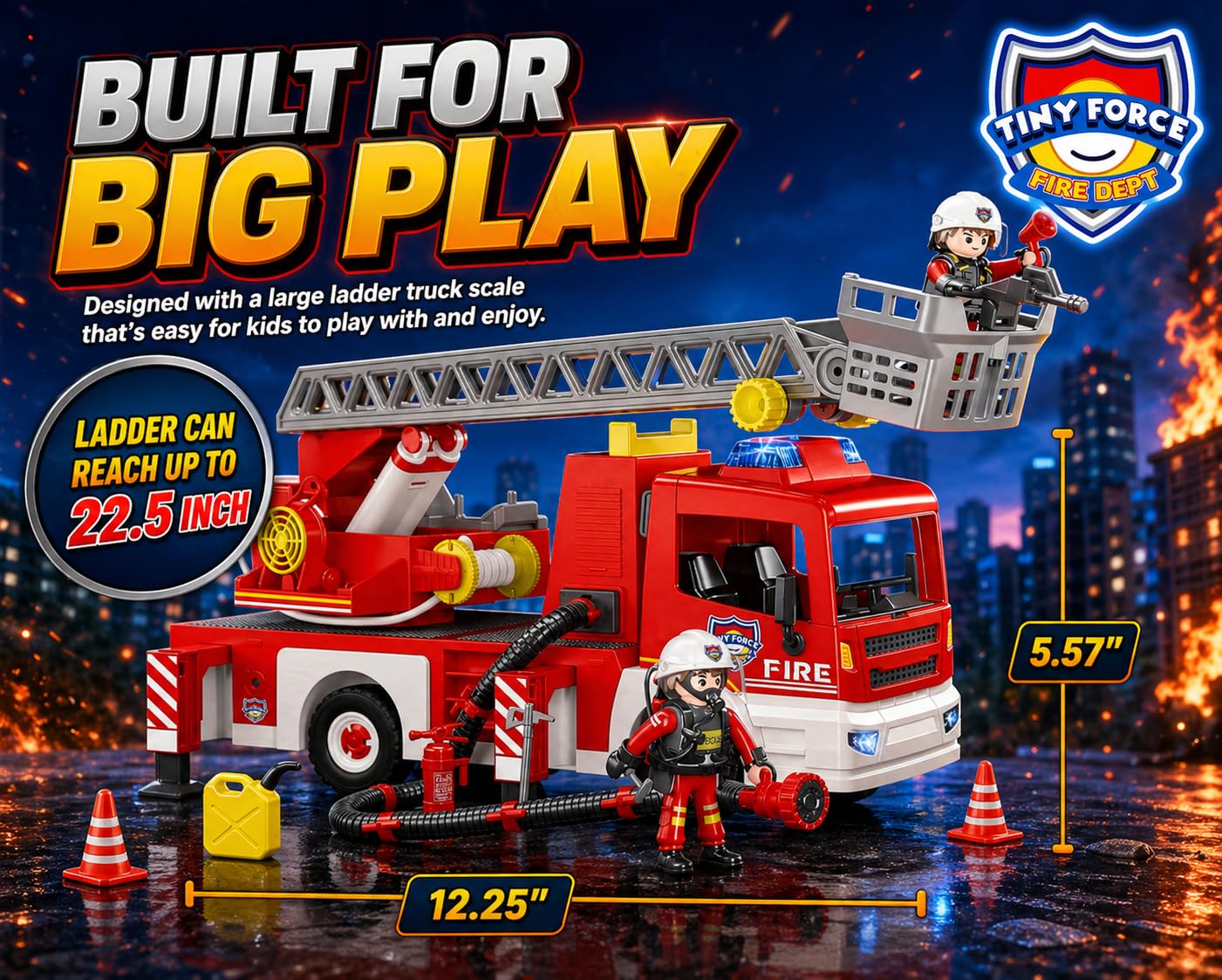 Tiny Force Toy Ladder Fire Truck Toy - Firefighter Fire Truck with Extendable Fire Ladder, Toy Truck for Kids, Perfect Firefighter Gift for Pretend