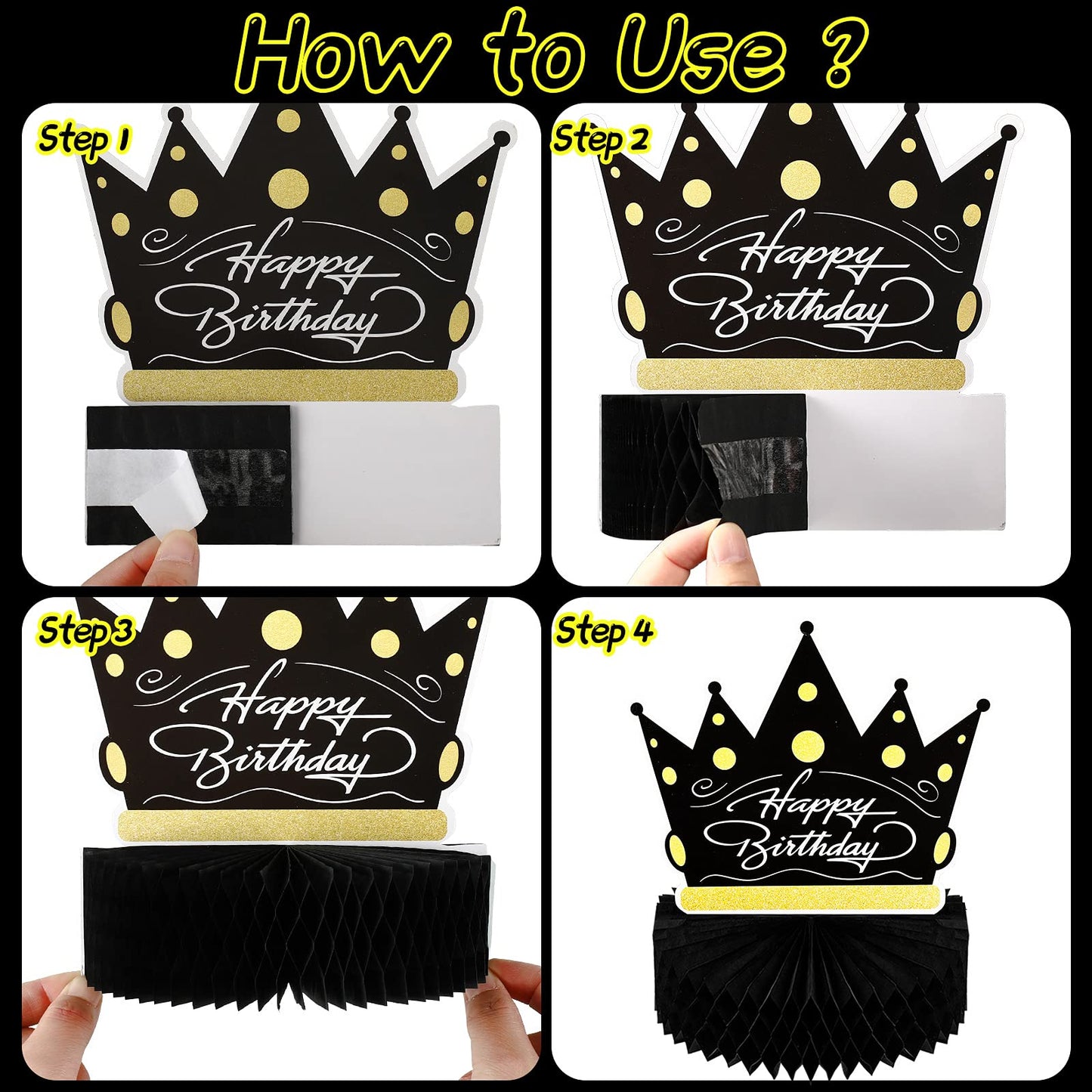 Skylety 6 Pcs Black and Gold Birthday Party Decorations Honeycomb Happy Birthday Centerpieces for Table Reusable Elegant Black Gold Table Toppers