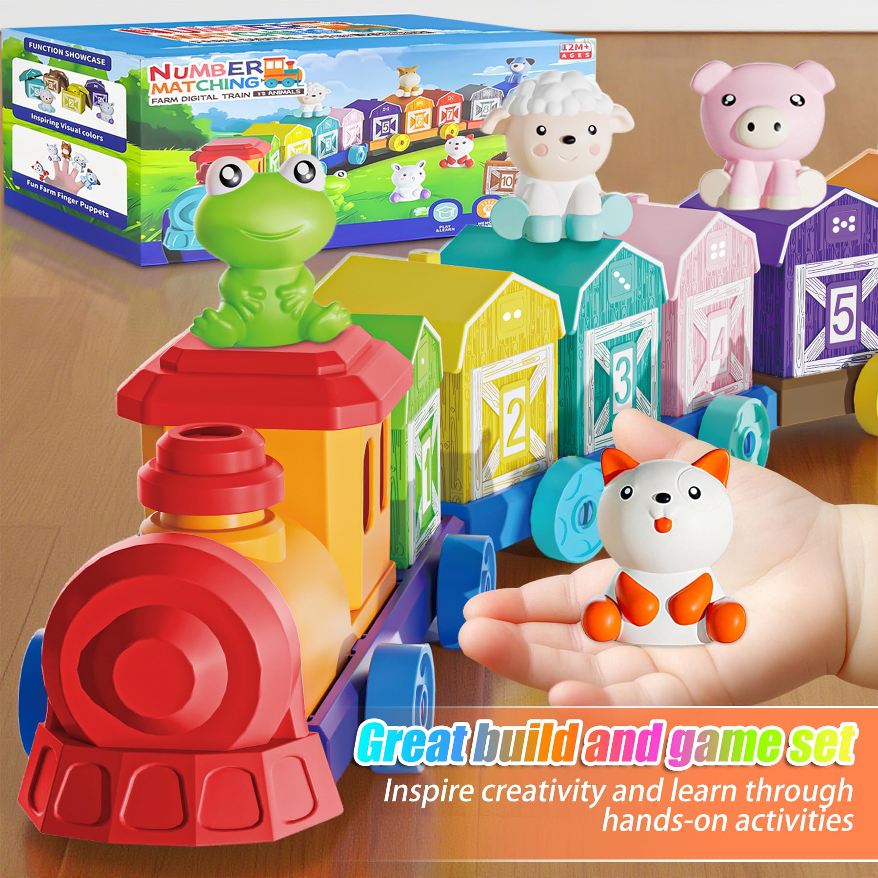 Toddler Learning Toys for 1 2 3 Year Old, Farm Animal Train Set with Counting Sorting Matching, 10 Farm Animals, Finger Puppets & Barns, Easter