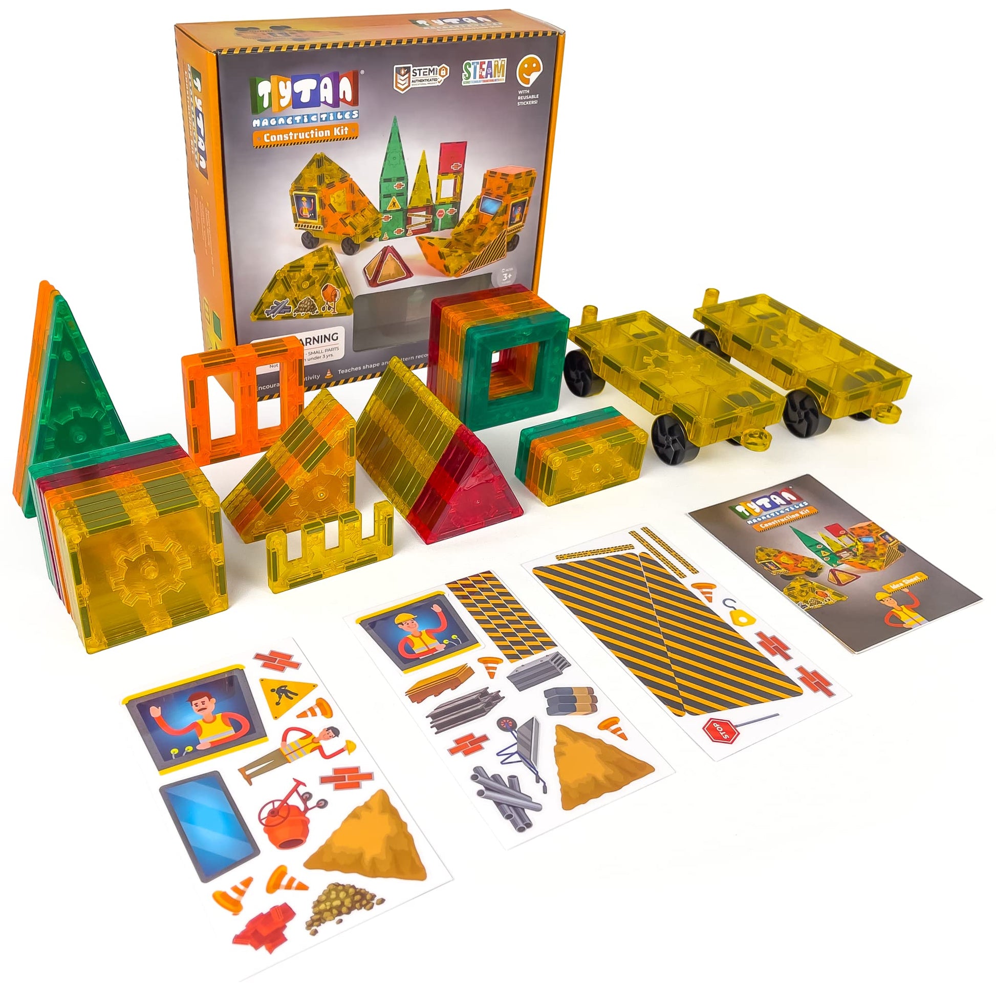 Tytan Tiles Construction Site & Trucks 60-Piece Magnetic Tiles Building Set, Fun Kids’ STEM Toy, Creative Play, Shape & Pattern Recognition, Fine
