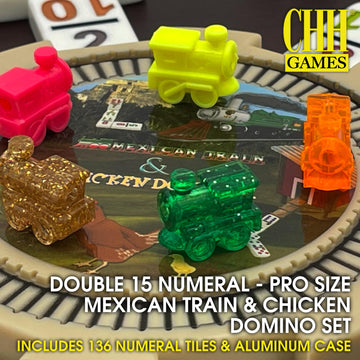 CHH Double 15 Numeral Pro Size Mexican Train & Chicken Domino Set in Aluminum Case - 136 Multicolor Tiles - Complete Set with Train Markers and Hub