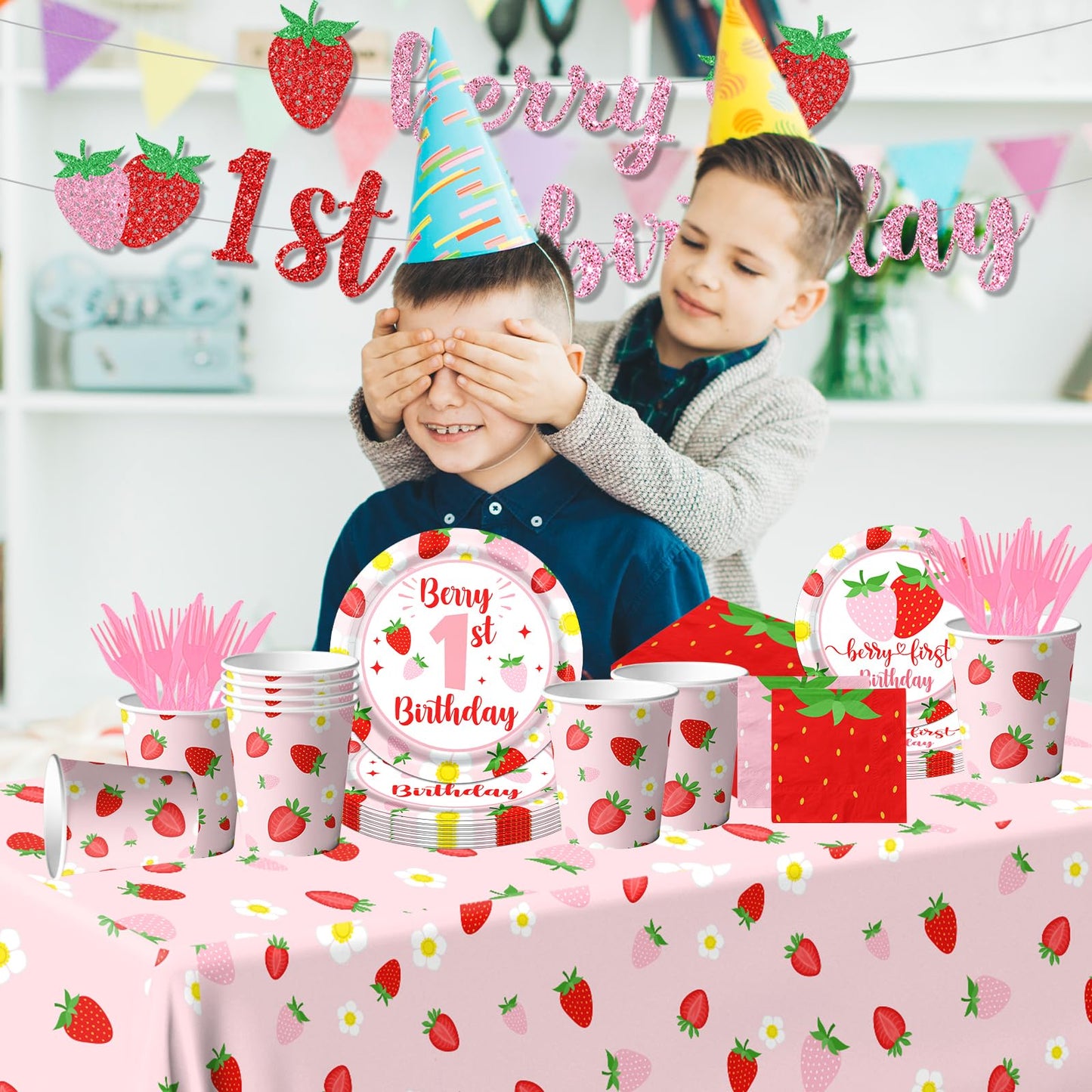 Berry First Birthday Decor Strawberry 1st Birthday Decorations for Girls with Plates, Napkins, Tablecloth, Cups Strawberry Party Decorations, Serve 20