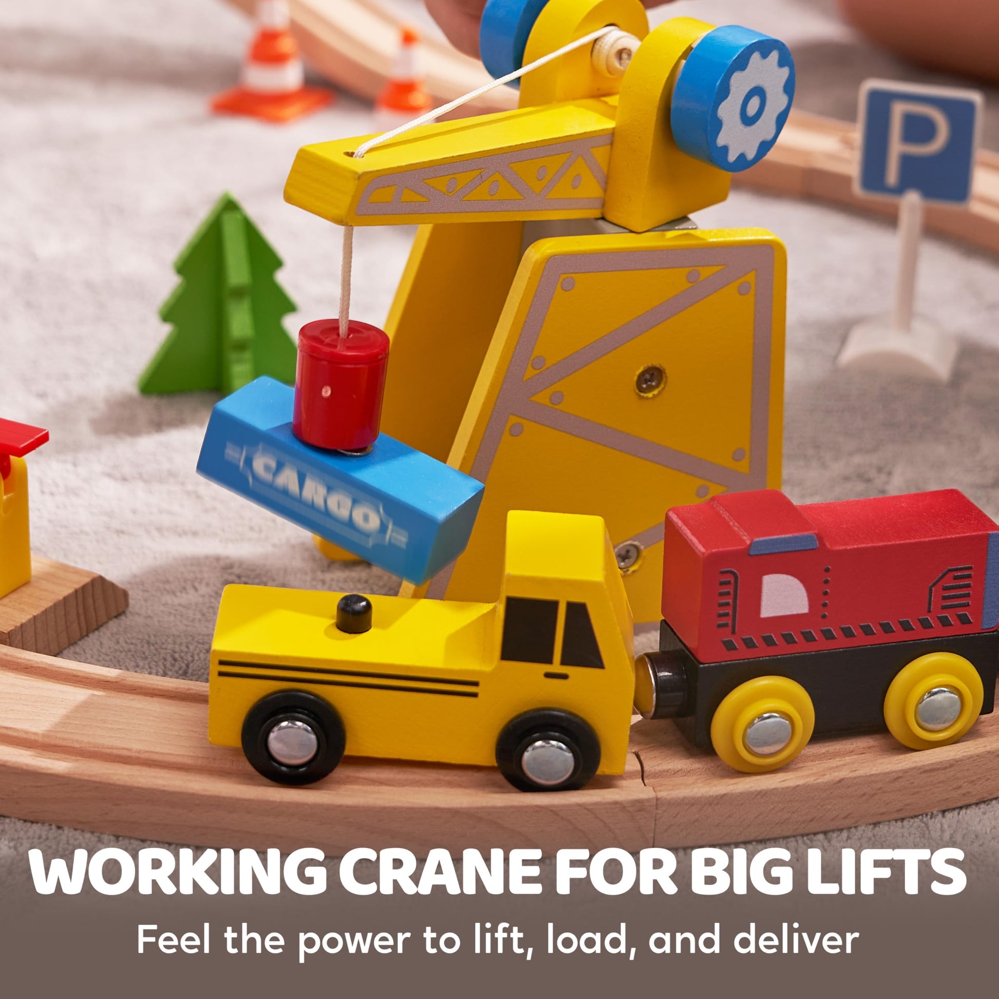 60PCS Wooden Train Set - Toy Magnetic Trains with Wooden Track Set for Kids Ages 3-8, Construction Crane Railway Set, Perfect Easter Birthday Gift