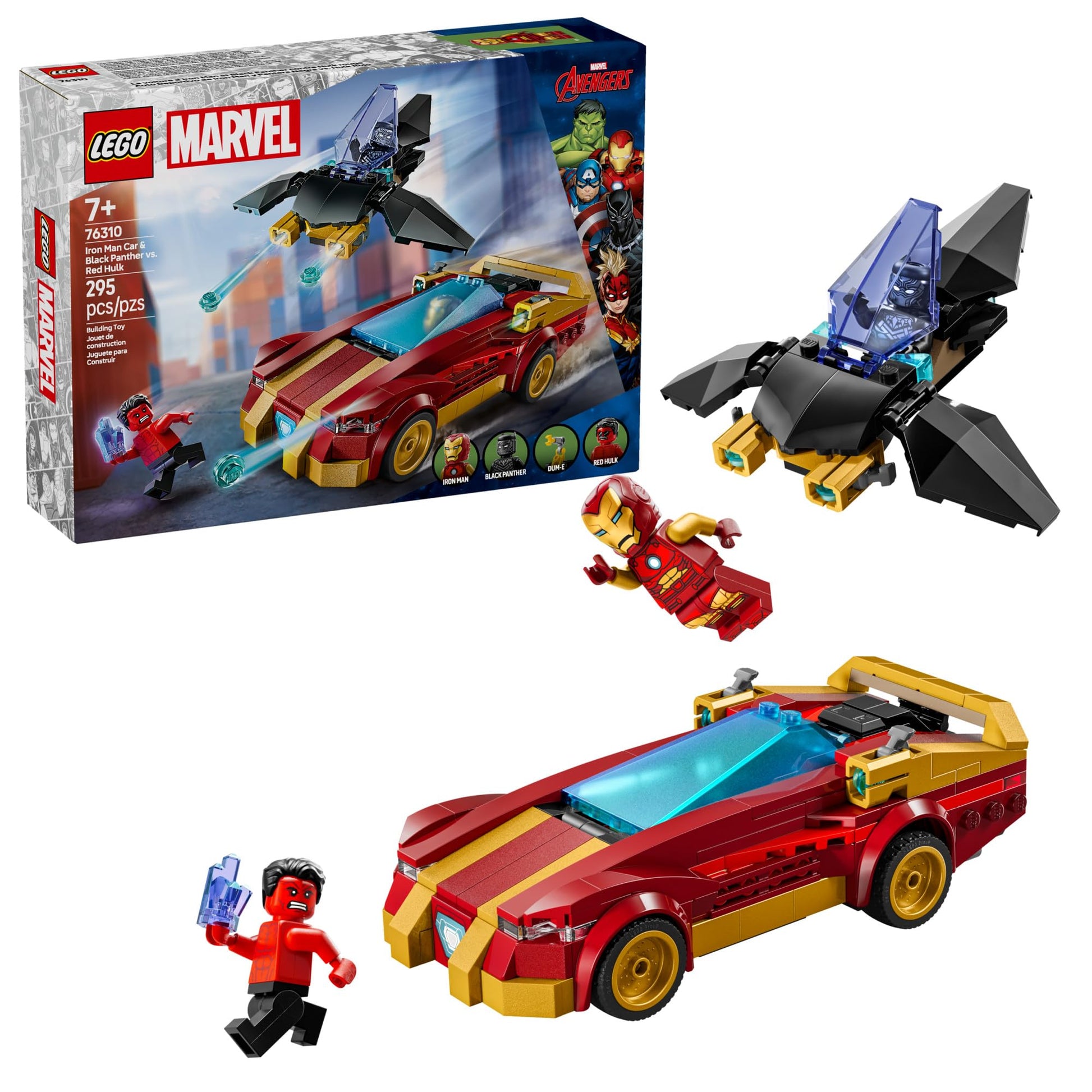 LEGO Marvel Iron Man Car & Black Panther vs. Red Hulk Building Toy - Marvel Superhero Toy for Kids, Boys and Girls, Ages 7+ - with 3 Minifigures -