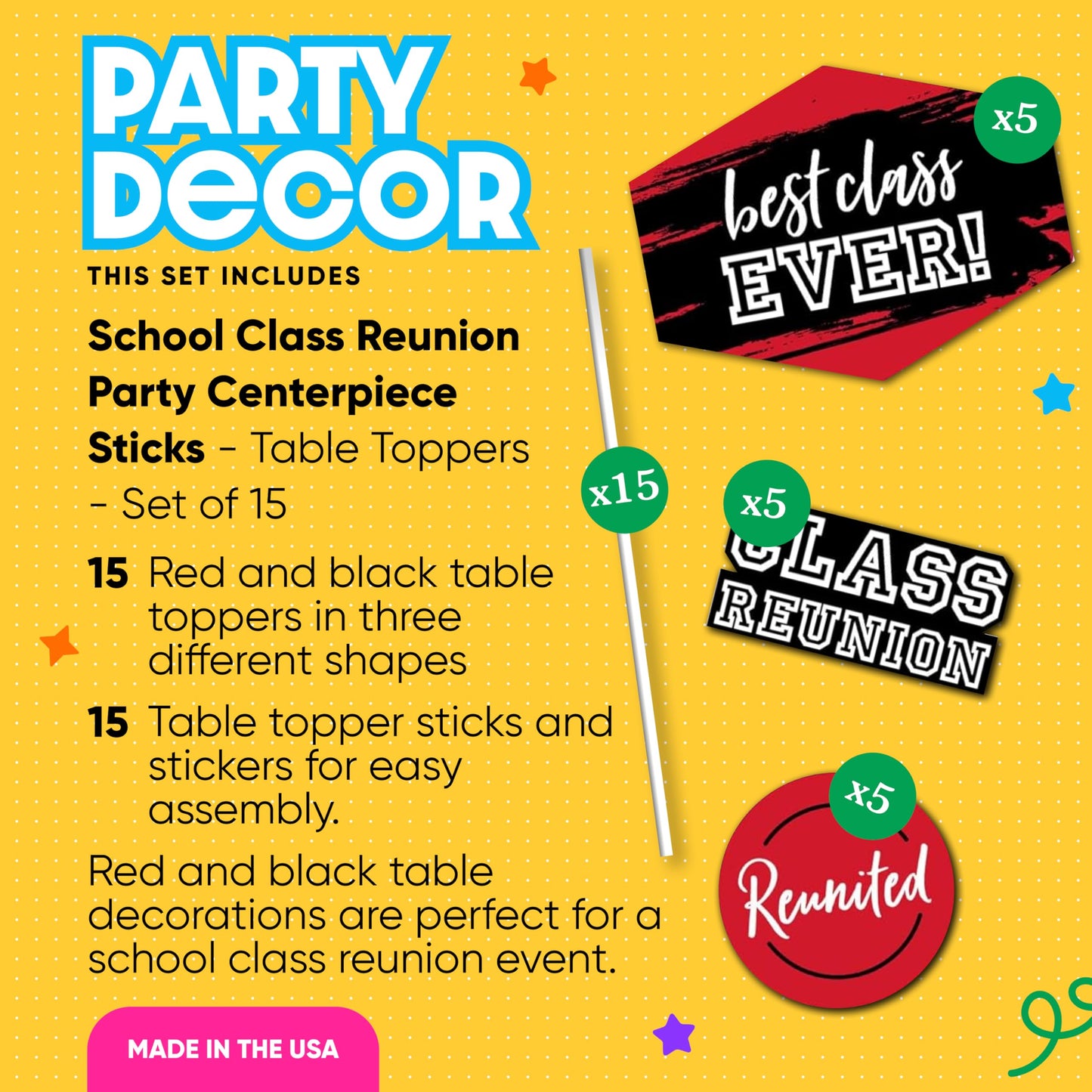 Big Dot of Happiness Reunited Red - School Class Reunion Party Centerpiece Sticks - Table Toppers - Set of 15