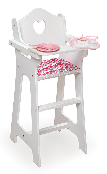 Badger Basket Chevron Doll High Chair with Plate, Bib, and Spoon - Ideal for Feeding 18-Inch Dolls in White and Pink