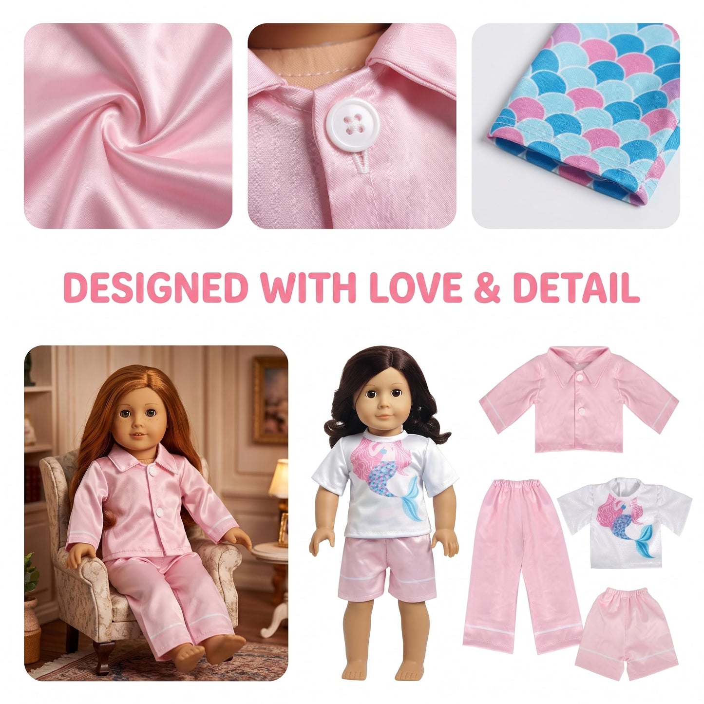 6pcs Doll Clothes Gift for 18 inch Doll Clothes and Accessories, Including 2 Complete Sets of Pajamas