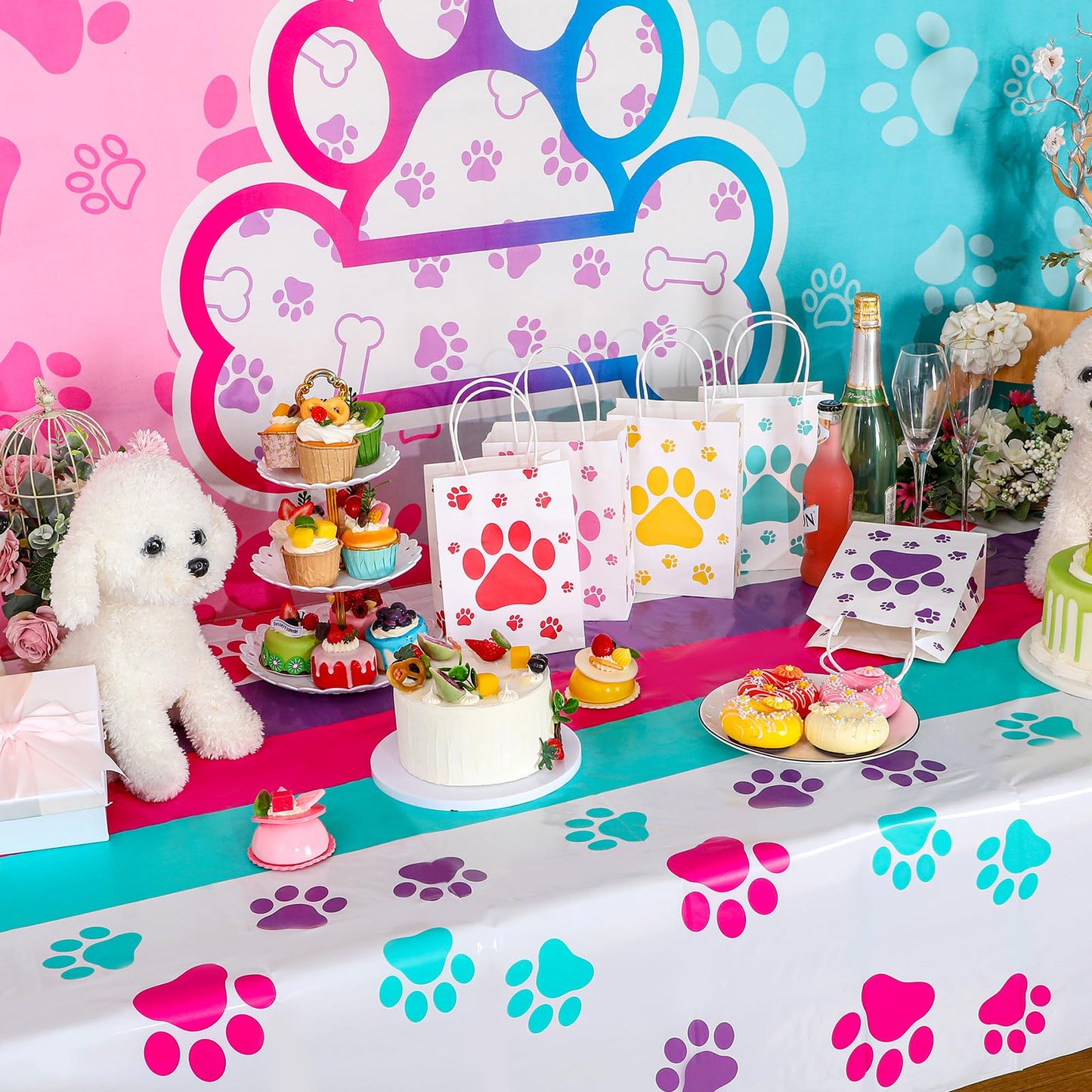 Newwiee 3 Pcs Puppy Paw Print Tablecloth Plastic Disposable Colorful Table Cover Dog Table Cloth Paw Print Party Supplies for Dog Pet Themed Party