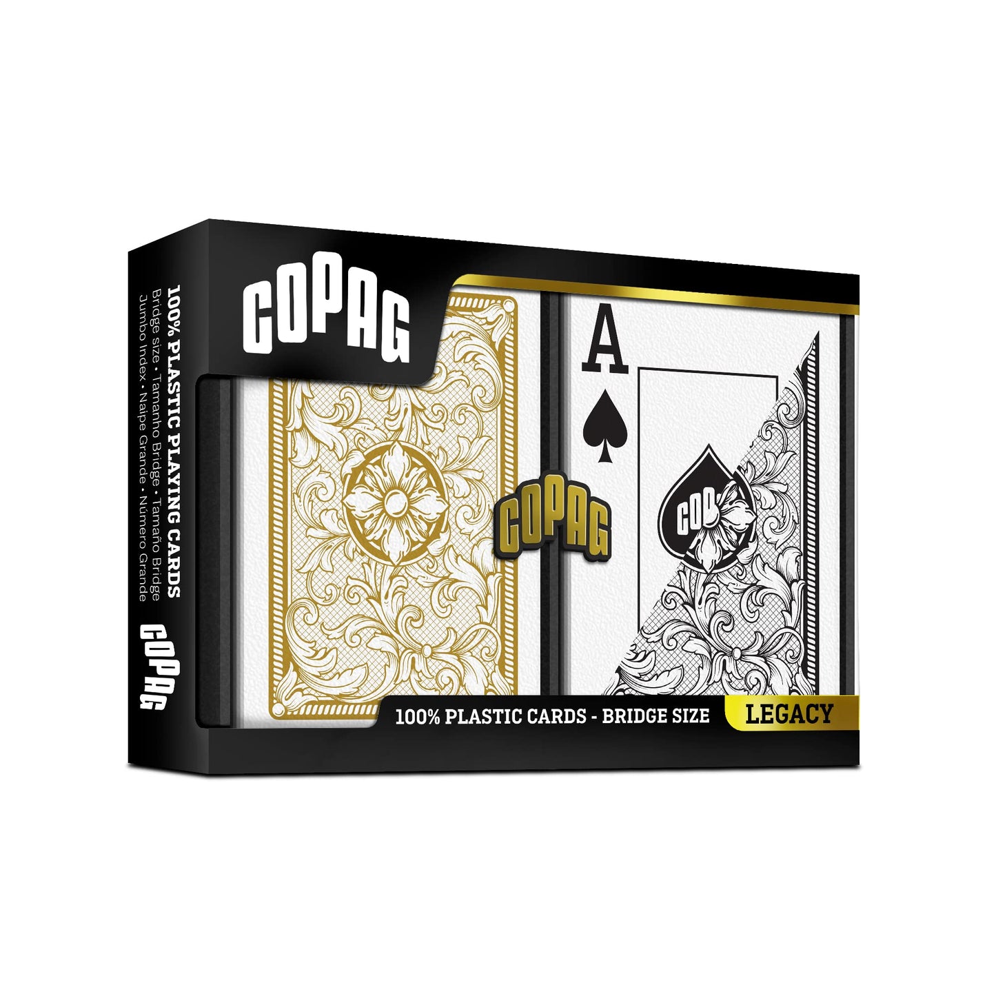 Copag Legacy Design 100% Plastic Playing Cards, Bridge Size (Narrow) Jumbo Index Black/Gold Double Deck Set