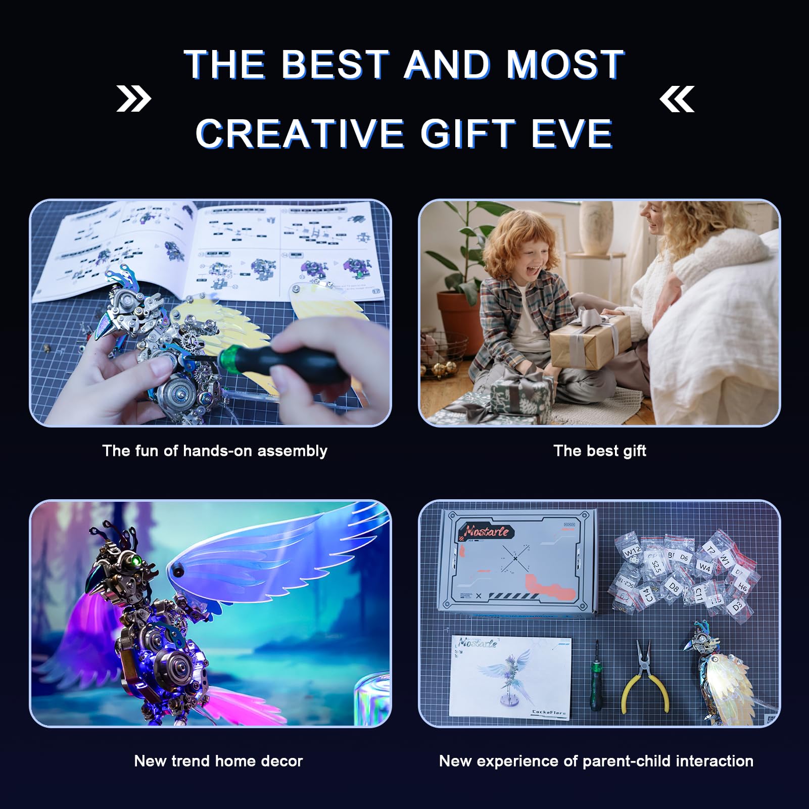 Arcynix Mostarle CockaFlare 3D Metal Mechanical Bird Puzzle Kit, 616 Pieces, Cyberpunk Style with LED Lights, Movable Wings, DIY Model for Adults