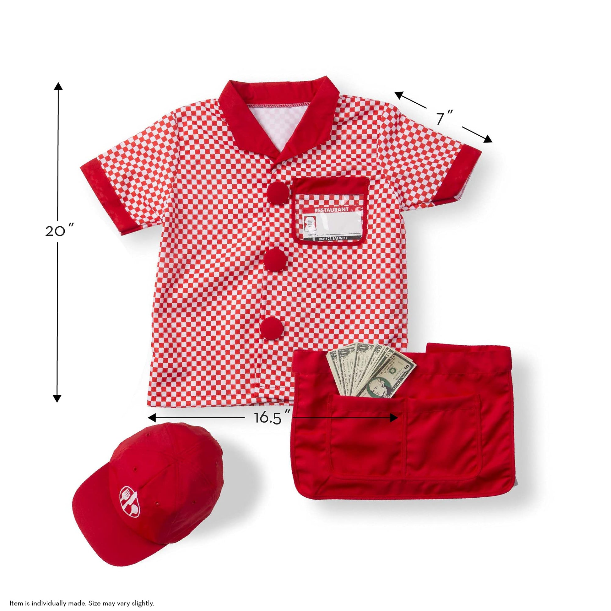 Melissa & Doug Server Costume, Pretend Play Dress Up Set (9-Pc) Shirt, Apron, Menu & Accessories, Role Play Toys for Kids 3+