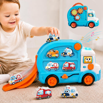iPlay, iLearn Toddler Bus Toy W/ 3D Matching Puzzle & Car Slide, Baby Musical Push Go Car W/Sound, Montessori Learning Vehicle Match Game, Birthday