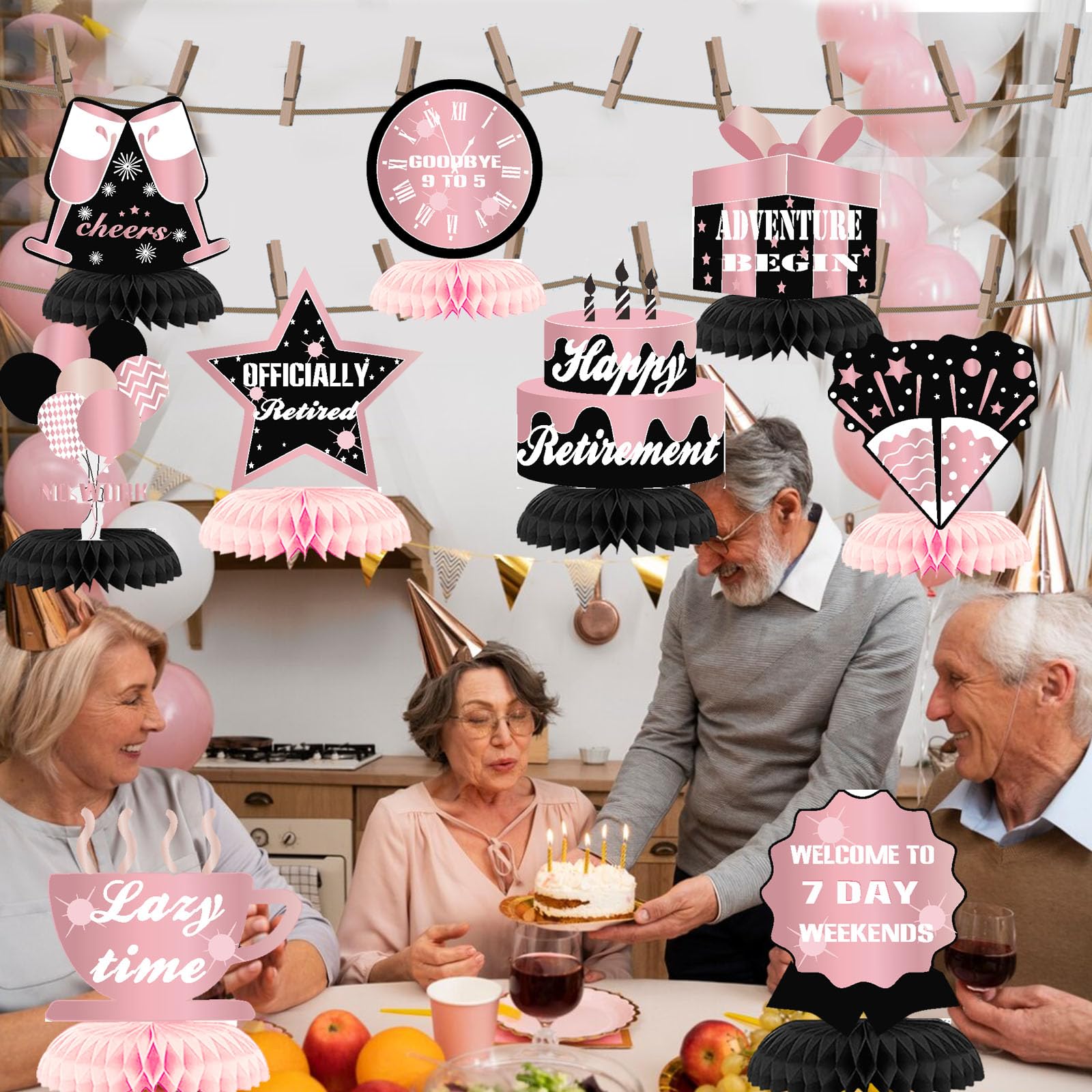 9Pcs Pink Black Happy Retirement Decorations Table Honeycomb Centerpieces Party Supplies Rose Gold Black Retirement Adventure Awaits Sign for Women