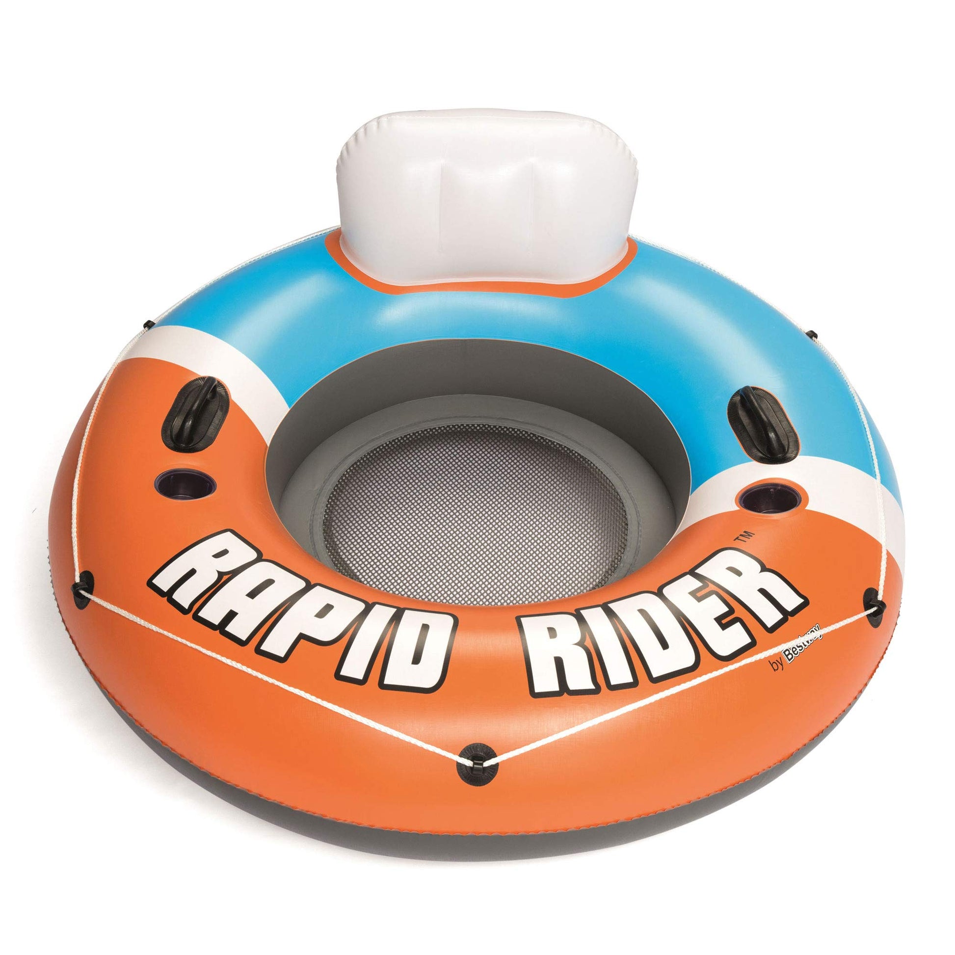 Bestway CoolerZ Rapid Rider Inflatable Blow Up Pool Chair Round Inner Tube with Cupholders, Handles, and All-Around Grab Rope, Orange (4 Pack)