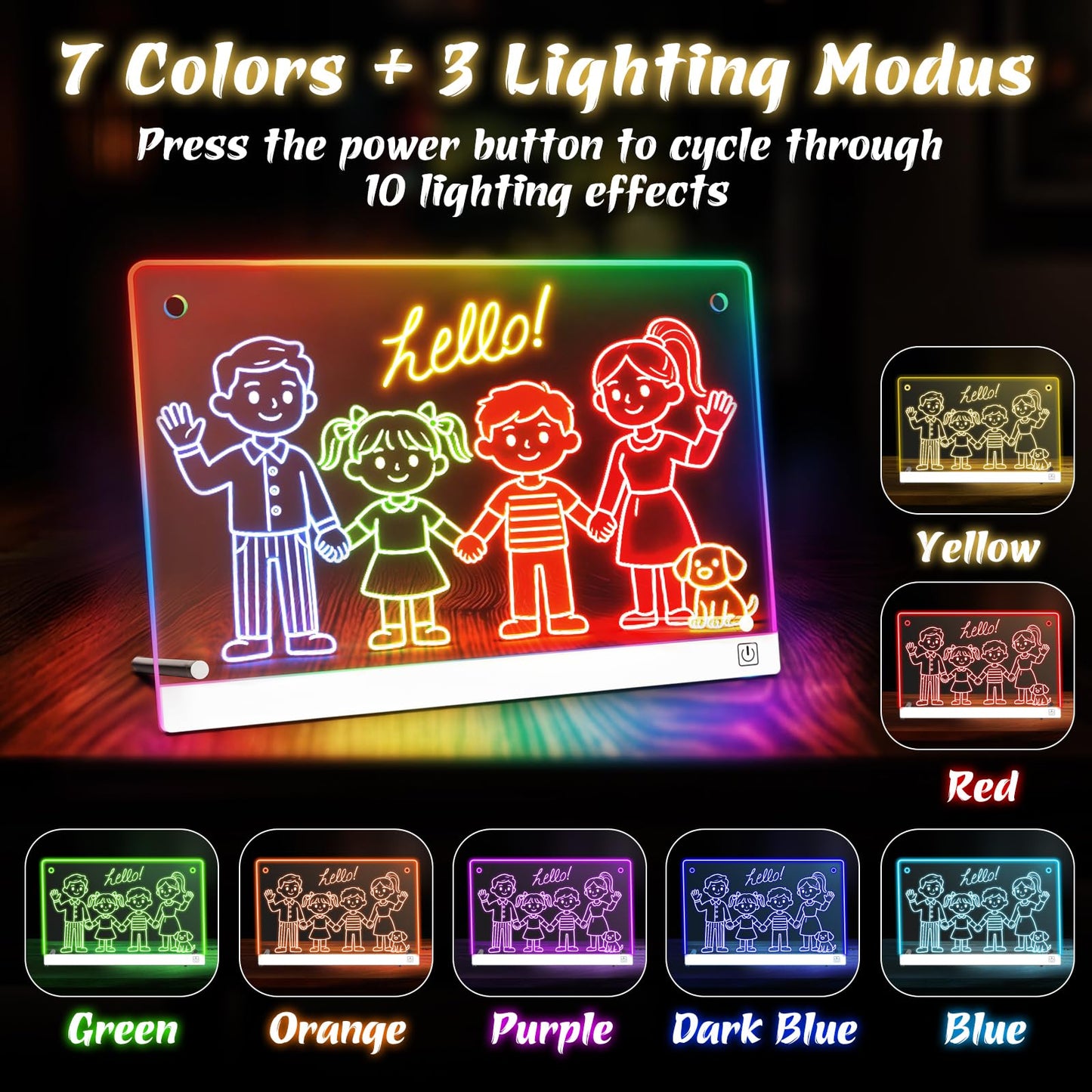 14'' LED Drawing Board for Kids with 7 Colors & 3 Modes, Neon Art Light Up drawing board with Battery Case, Doodle Magic lumiboard Writing Tablet