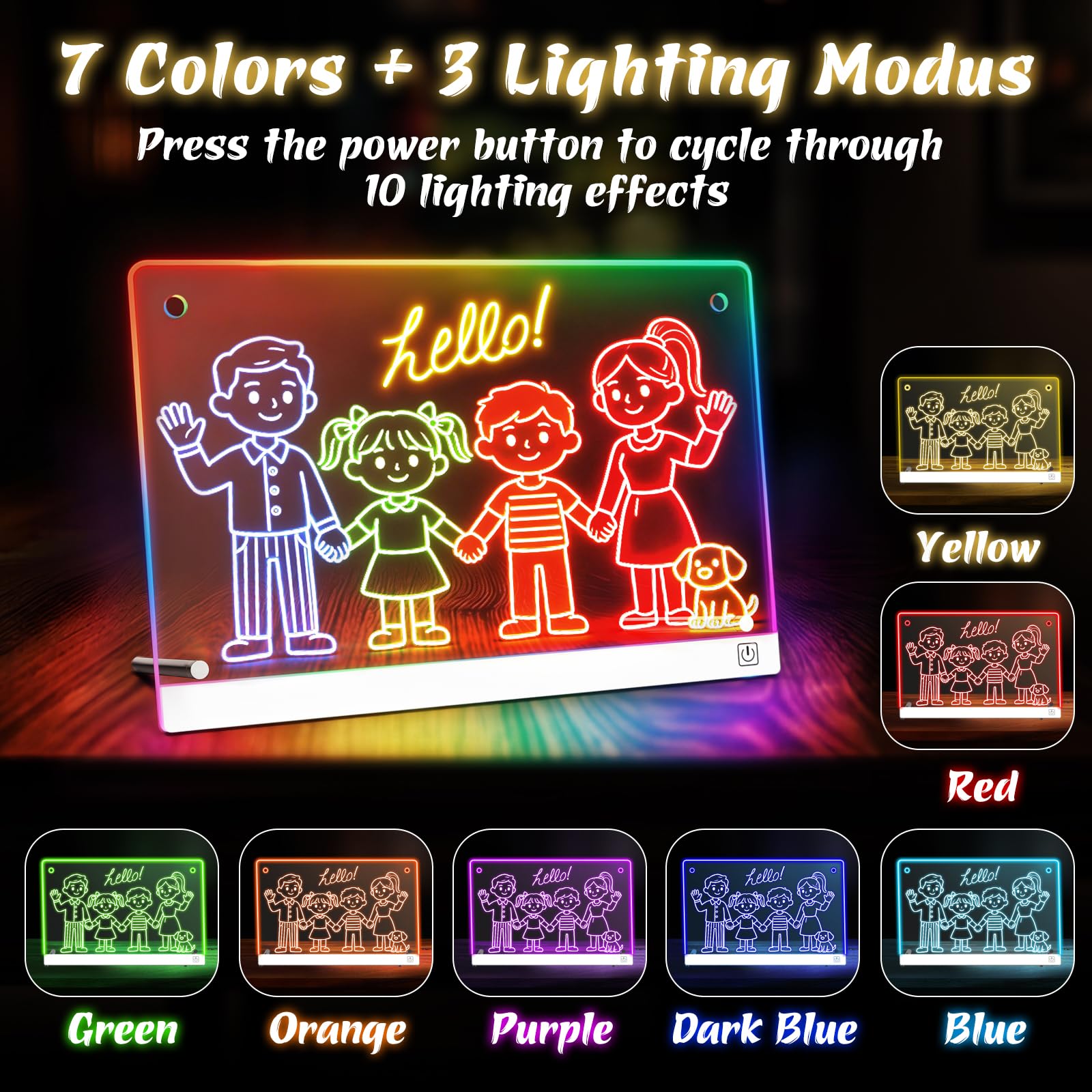 14'' LED Drawing Board for Kids with 7 Colors & 3 Modes, Neon Art Light Up drawing board with Battery Case, Doodle Magic lumiboard Writing Tablet