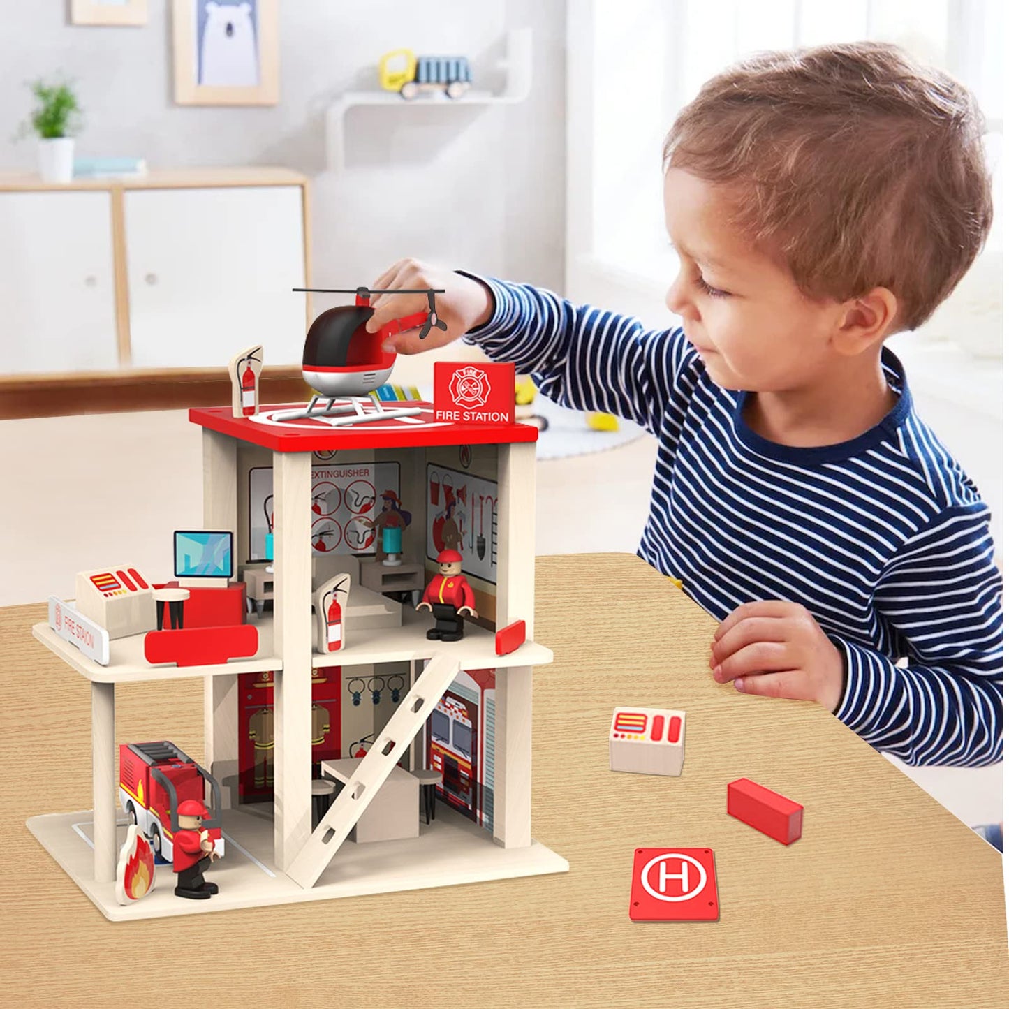 BBtinker Wooden Fire Station Playset, Multicolor 3-Level Pretend Play Dollhouse with Figures, Truck, Helicopter and Accessories, Preschool Learning