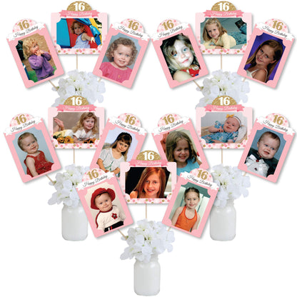 Big Dot of Happiness Sweet 16-16th Birthday Party Picture Centerpiece Sticks - Photo Table Toppers - 15 Pieces