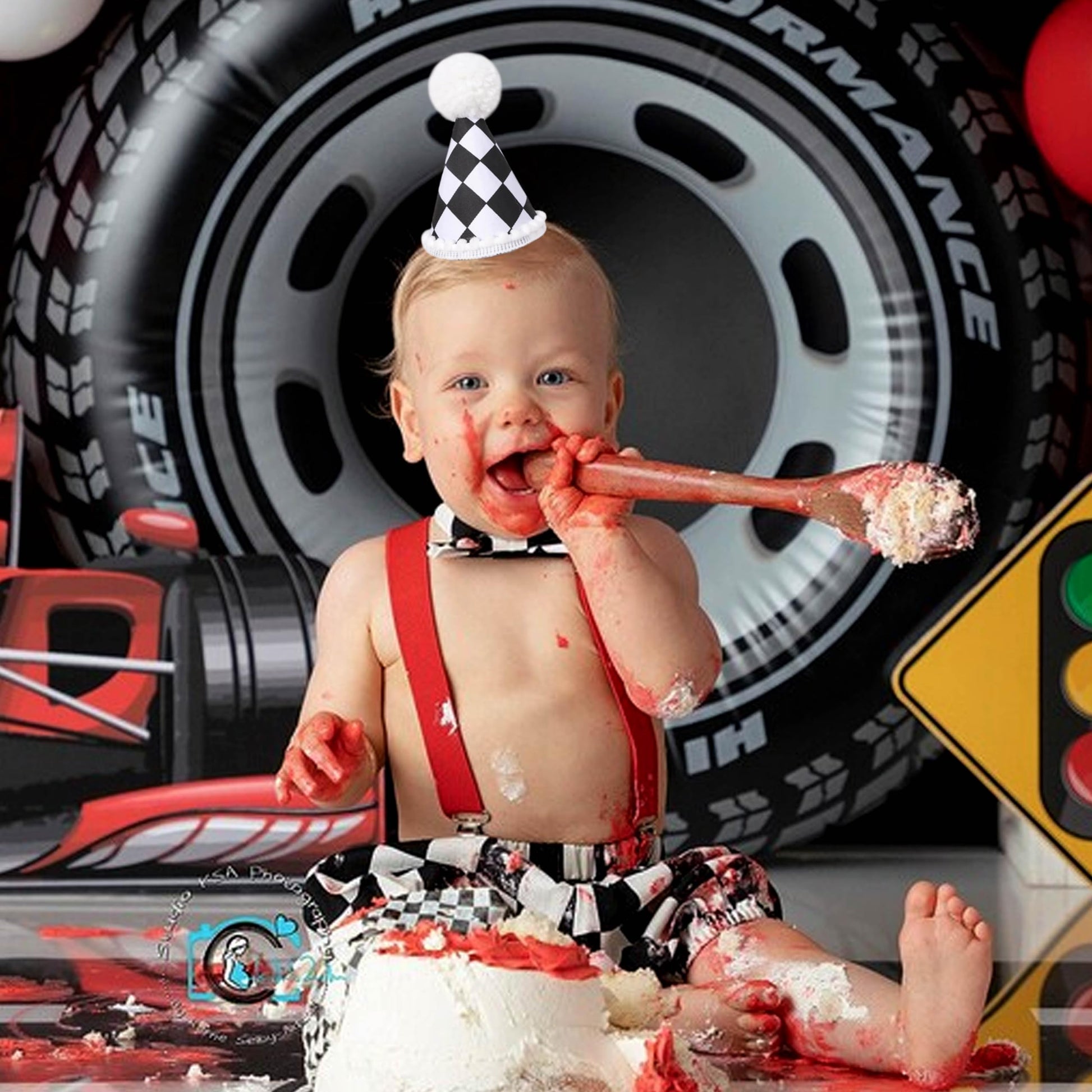 AOQURE Race Car First Birthday Hat - Race Car 1st Decorations,Black And White Checkered Racing Hat,Two Fast Car Birthday Decorations,Fast One Birthday