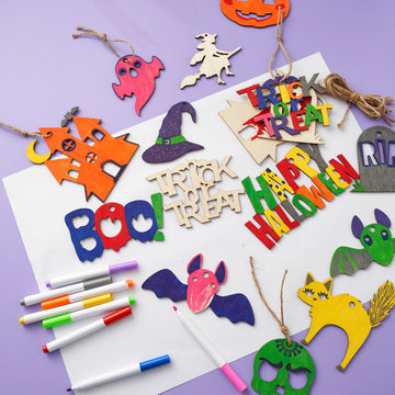 JOYIN 36 Pcs Halloween Craft Wooden Painting Kit, Halloween Party Supplies, Party Favors for Kids, Wood Blank Cutouts Ornaments, Gift Tags Decor
