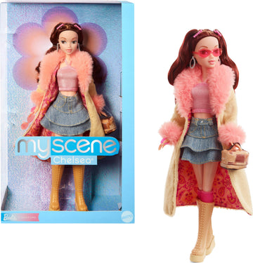 Barbie Signature My Scene Doll & Accessories, Chelsea in Y2K-Inspired Outfit with Butterfly Top, Cargo Jeans, Denim Bag & Display Stand