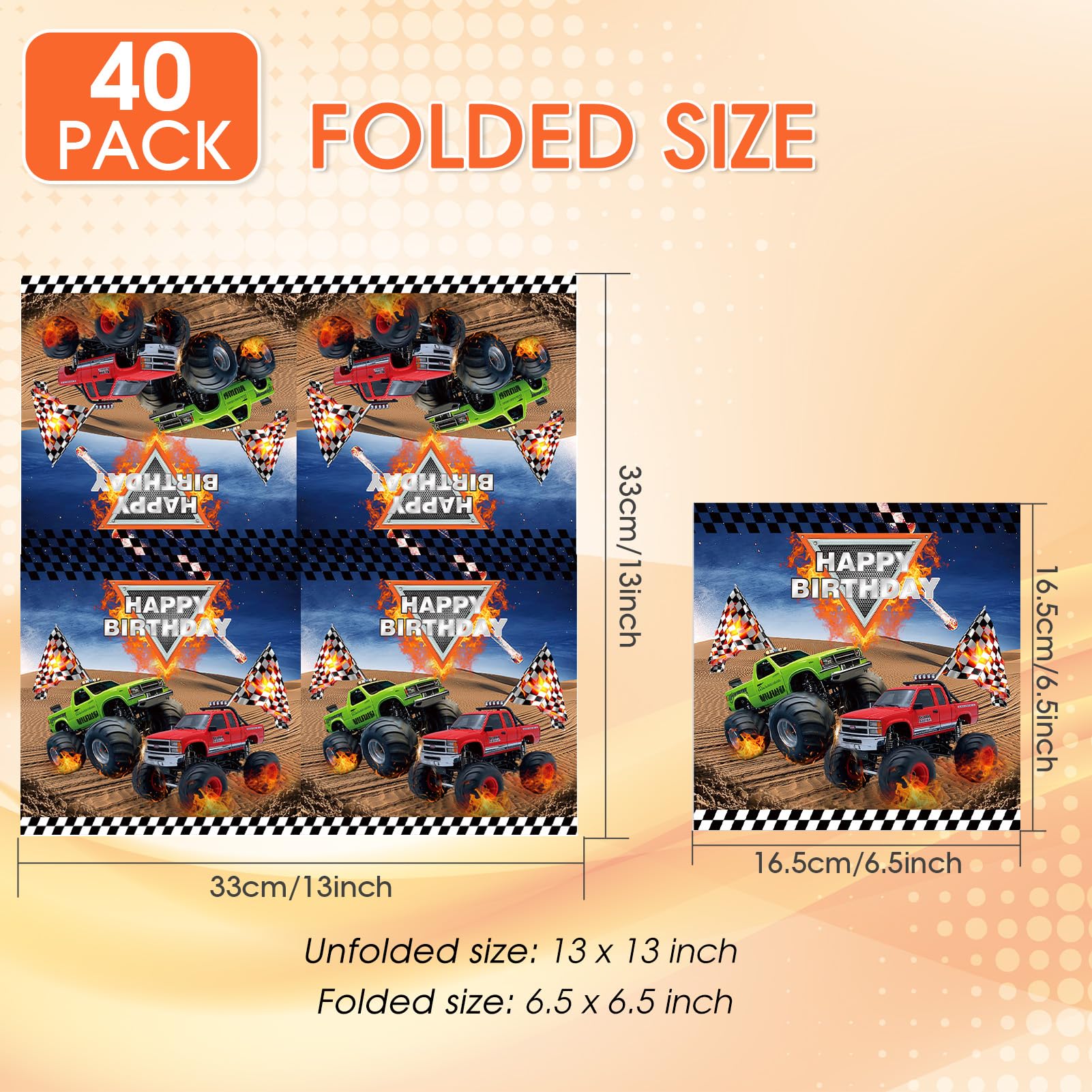 Monster Truck Birthday Decorations,40Pcs 6.5x6.5 Inch Monster Truck Napkins,Machines Jam Party Tableware Kit,Disposable Paper Napkins,for Kids Boys