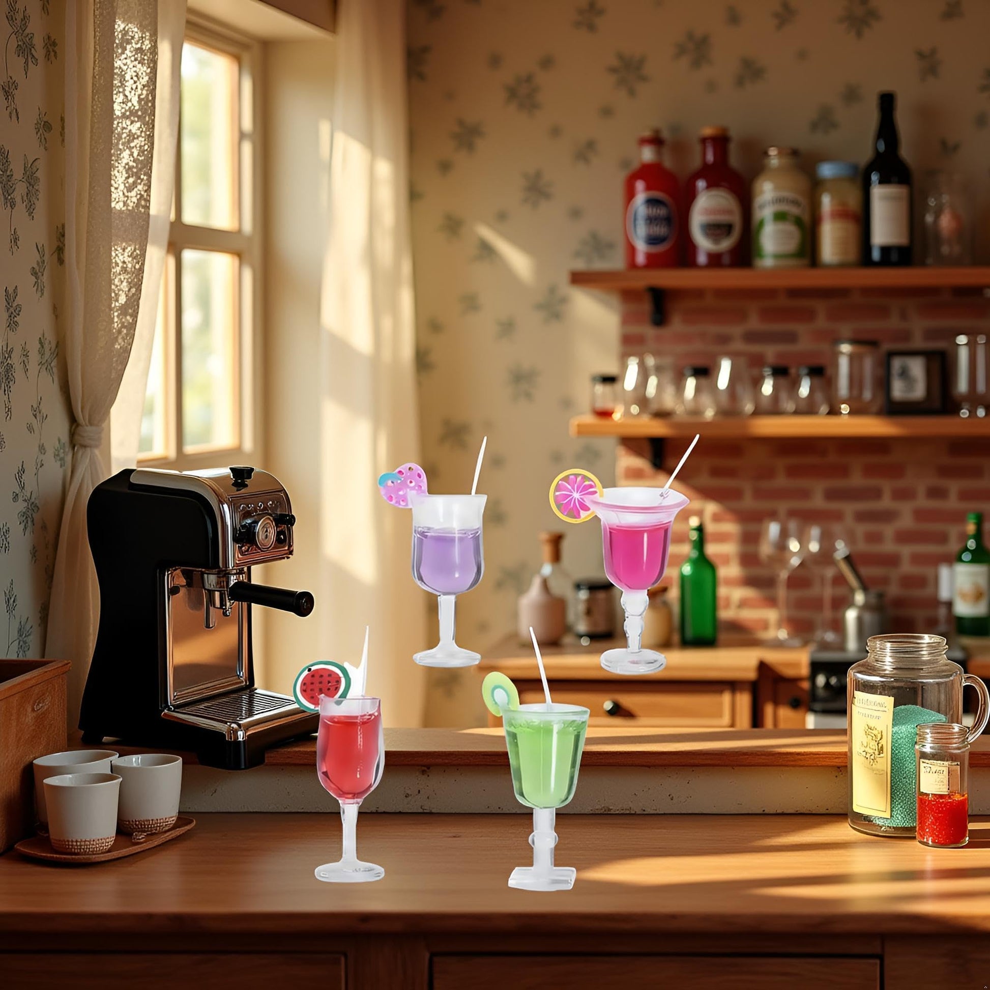 4 Pcs Miniature Dollhouse Juice and Wine Bottle Set - Resin Cocktail Cups, Simulated Drink Models for Dollhouse Kitchen Decor, Mini Props for DIY