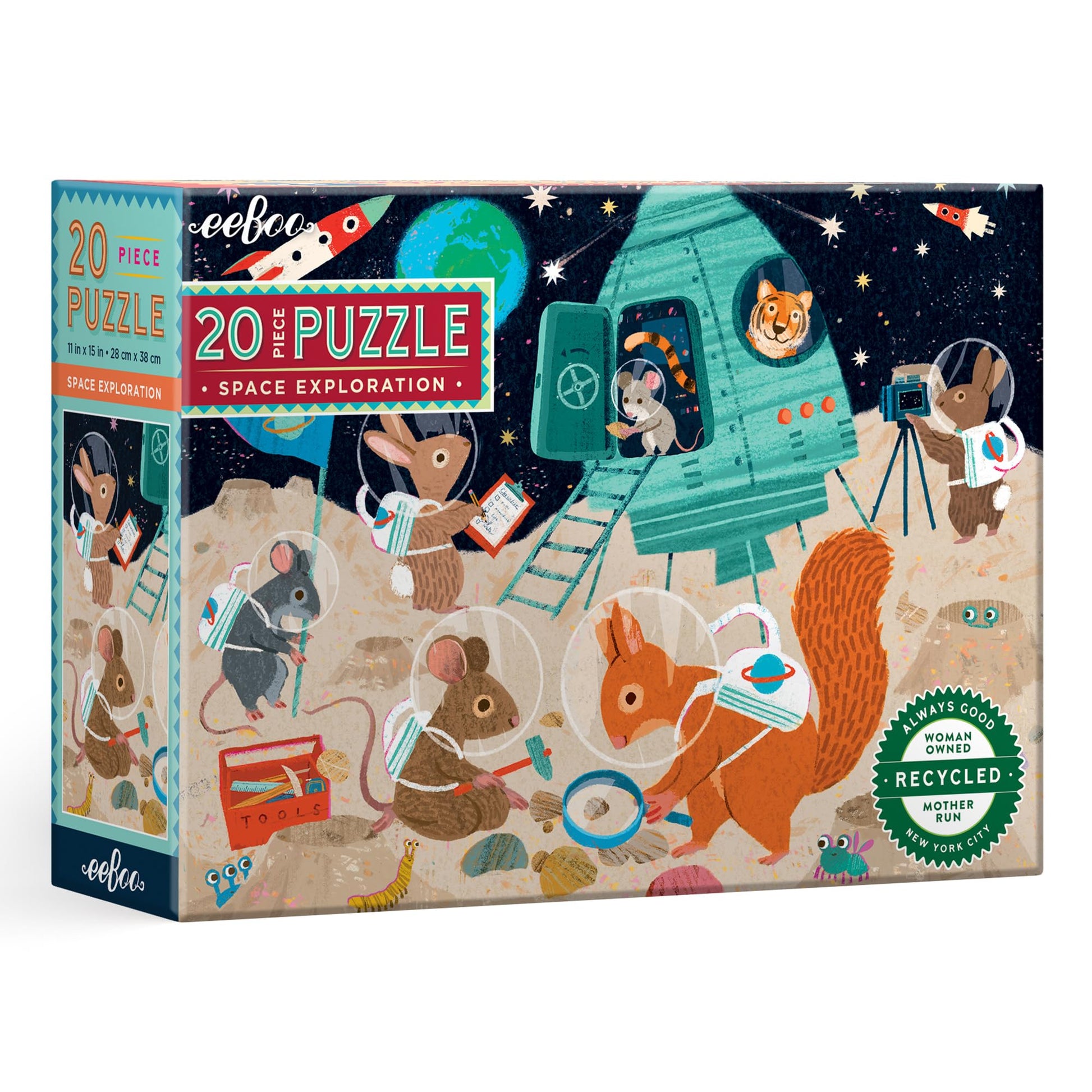 eeBoo: Space Exploration - 20 Piece Puzzle - 15 x 11 Kids Jigsaw, Oversized Glossy Pieces, Animals On The Moon, Preschool Puzzle, Age 3+