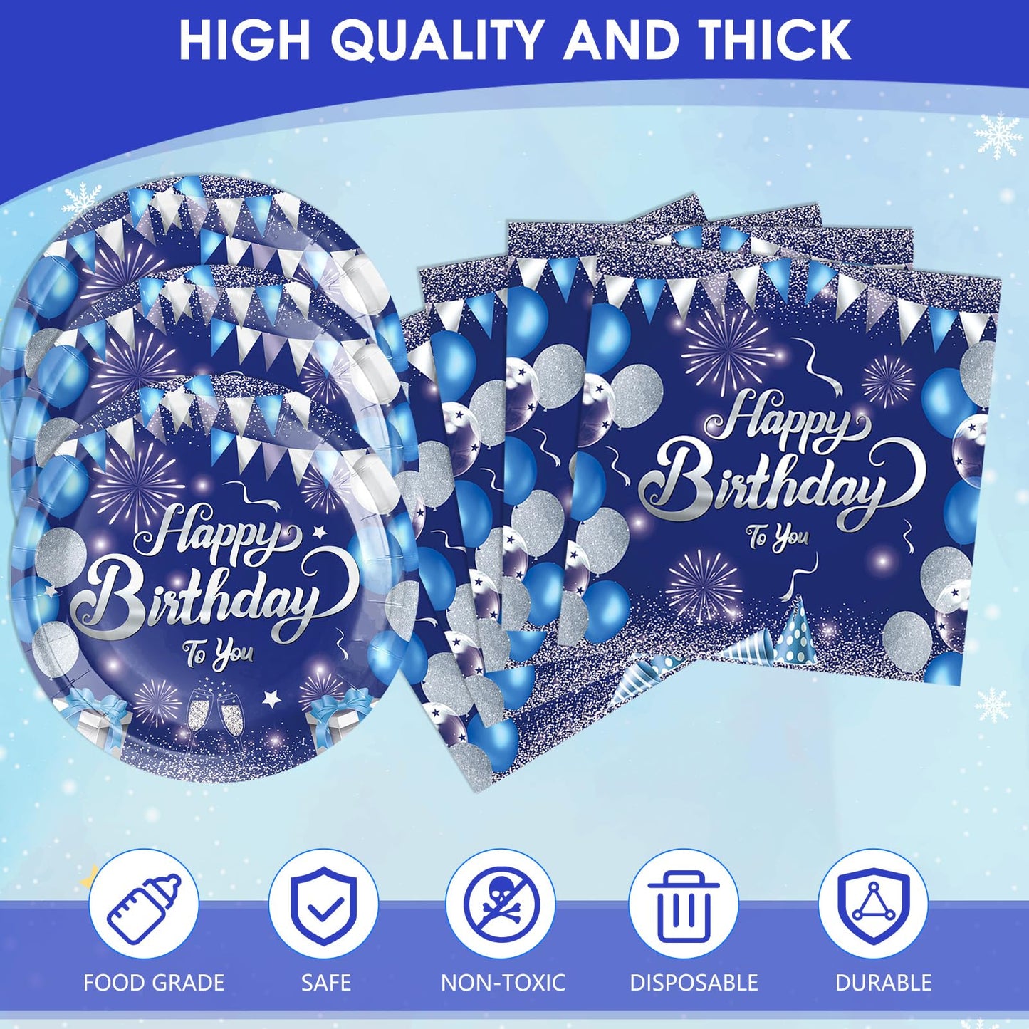 41 PCS Blue Birthday Decorations Blue and Silver Theme Tableware Sets Included Navy Blue Party Plates and Napkins Tablecloth for Men Women Birthdays