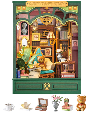 ROBOTIME DIY Miniature House Kit-Quiet Corner Study, Book Nook Kit for Adults, Vintage Bookstore Library with LED Bookshelf Insert Decor, Creative