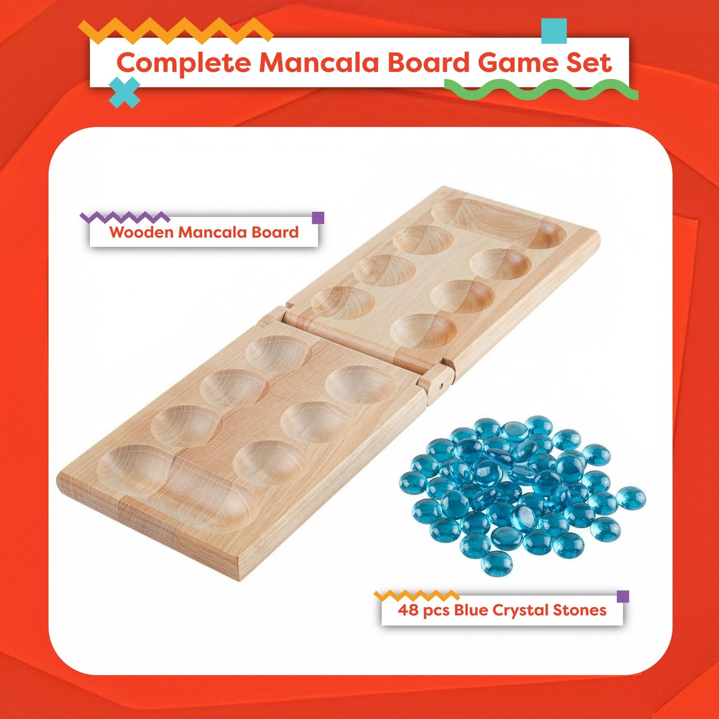Mancala Board Game - 2-Person Strategy Game for Kids and Adults with Folding Wood Board and 48 Mancala Stones by Hey! Play!
