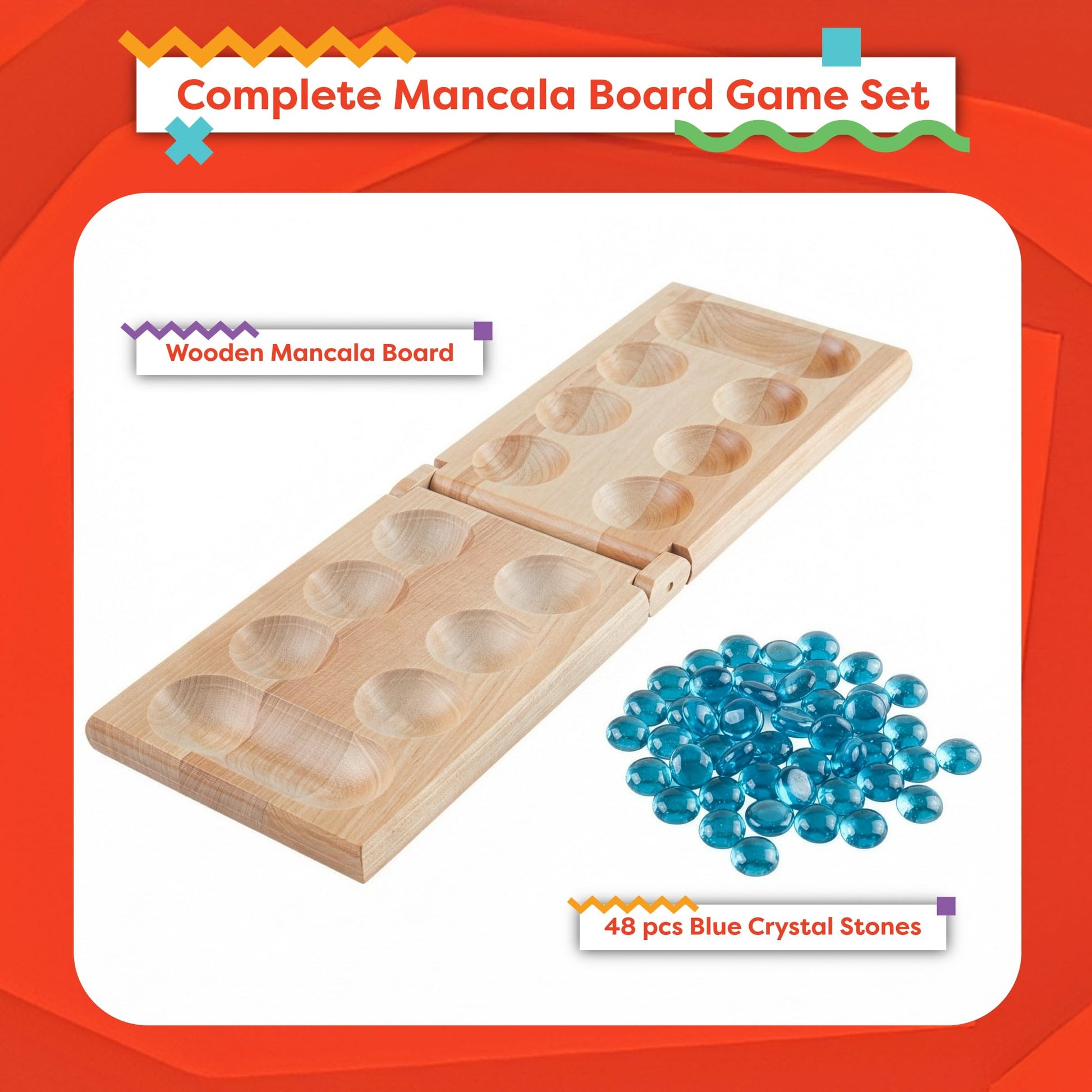 Mancala Board Game - 2-Person Strategy Game for Kids and Adults with Folding Wood Board and 48 Mancala Stones by Hey! Play!