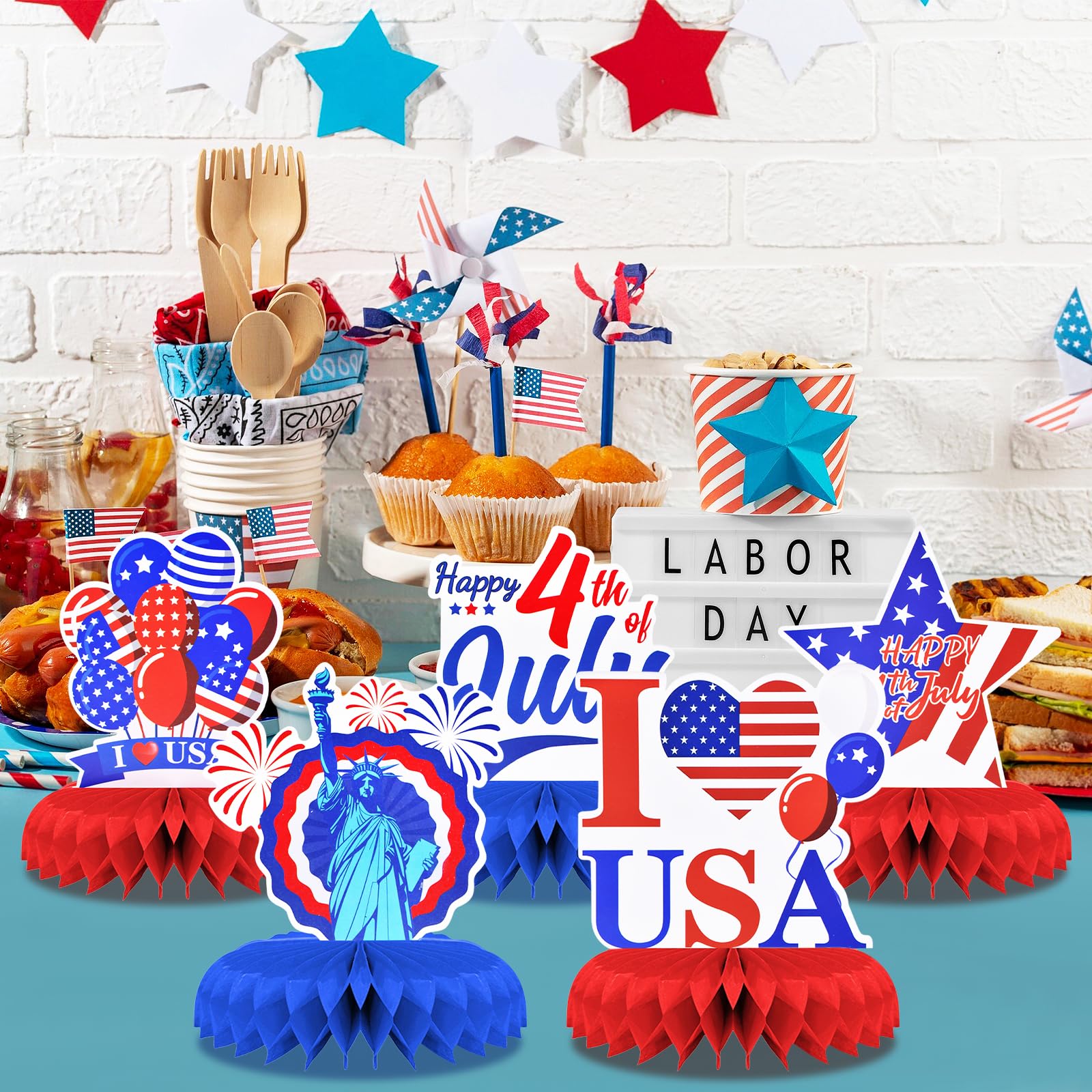 9 Pieces 4th of July Honeycomb Centerpieces - Red Blue Patriotic Independence Day Table Decorations for USA Party, Memorial Day, Veterans Day, July