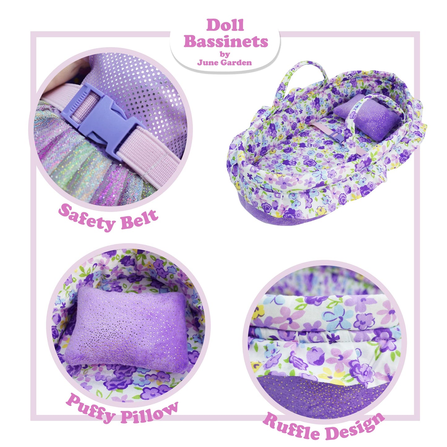 June Garden Cozy Dream Doll Bassinet - Baby Doll Portable Carrier - Fits for American Girl Dolls up to 18" - Soft Pillow & Safety Buckle Included